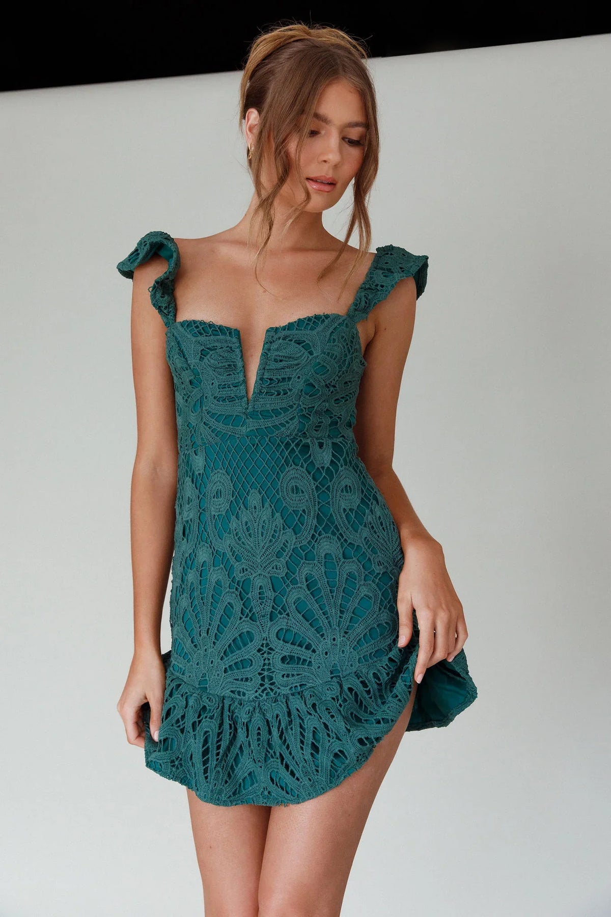 Mon Papillon Lace Mini Dress Forest Green
