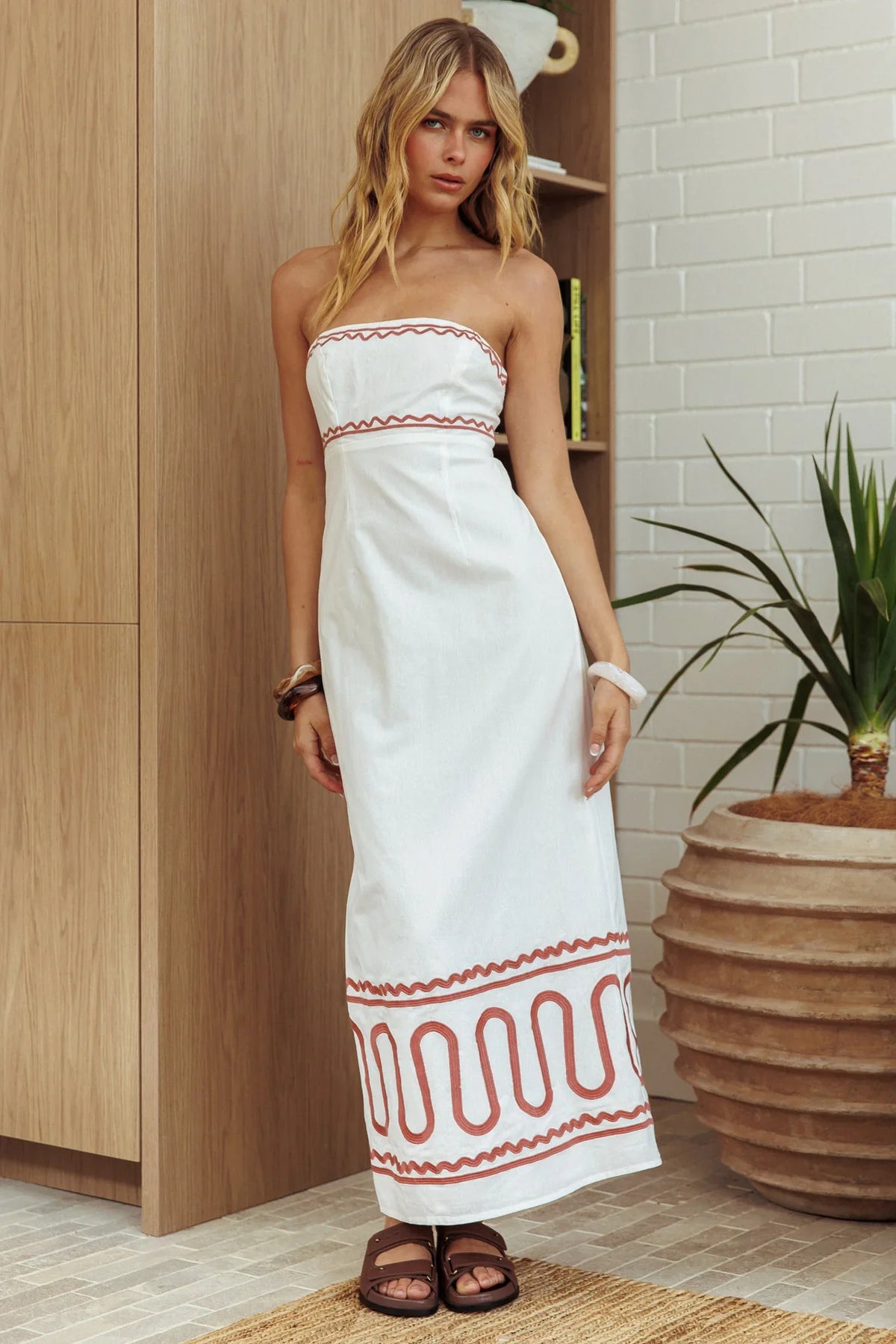 Jocasta Strapless Ric Rac Maxi Dress Off White