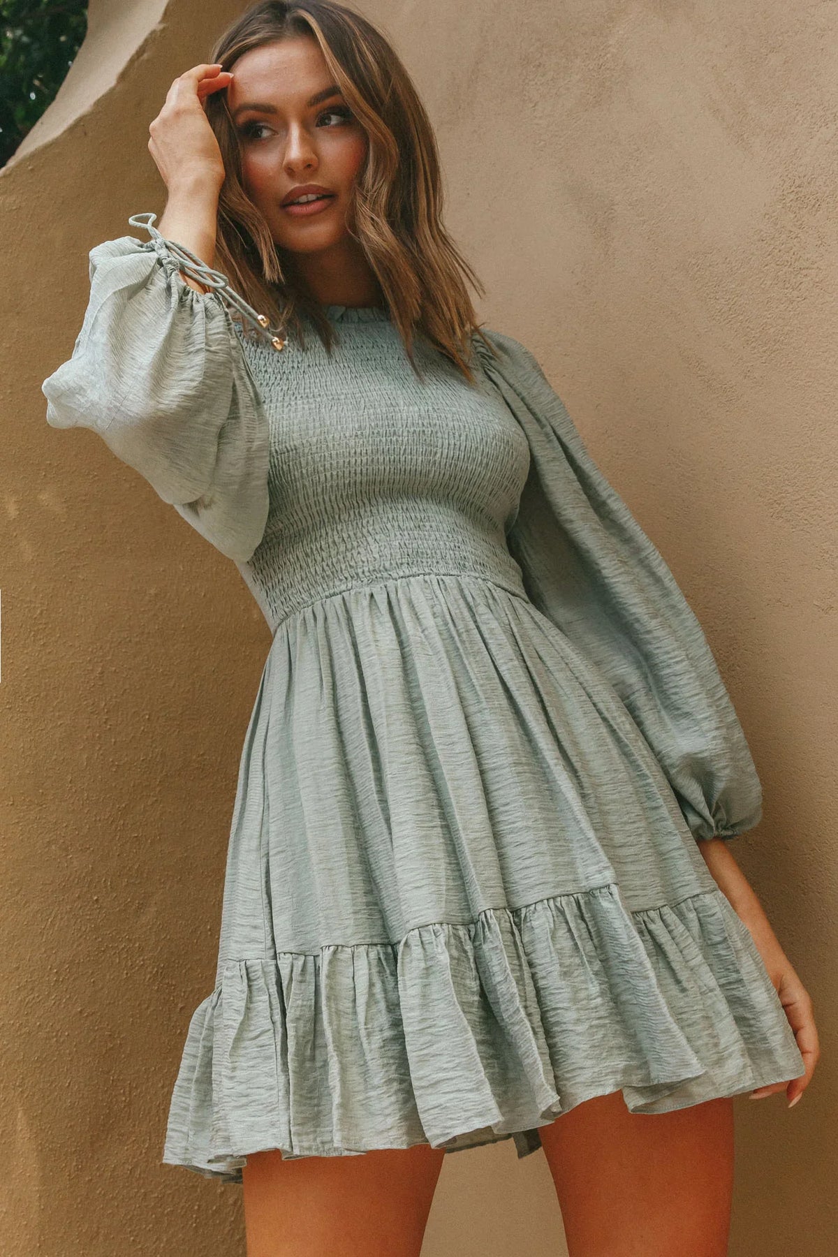 Secret Garden Long Sleeve Smocked Bodice Dress Olive