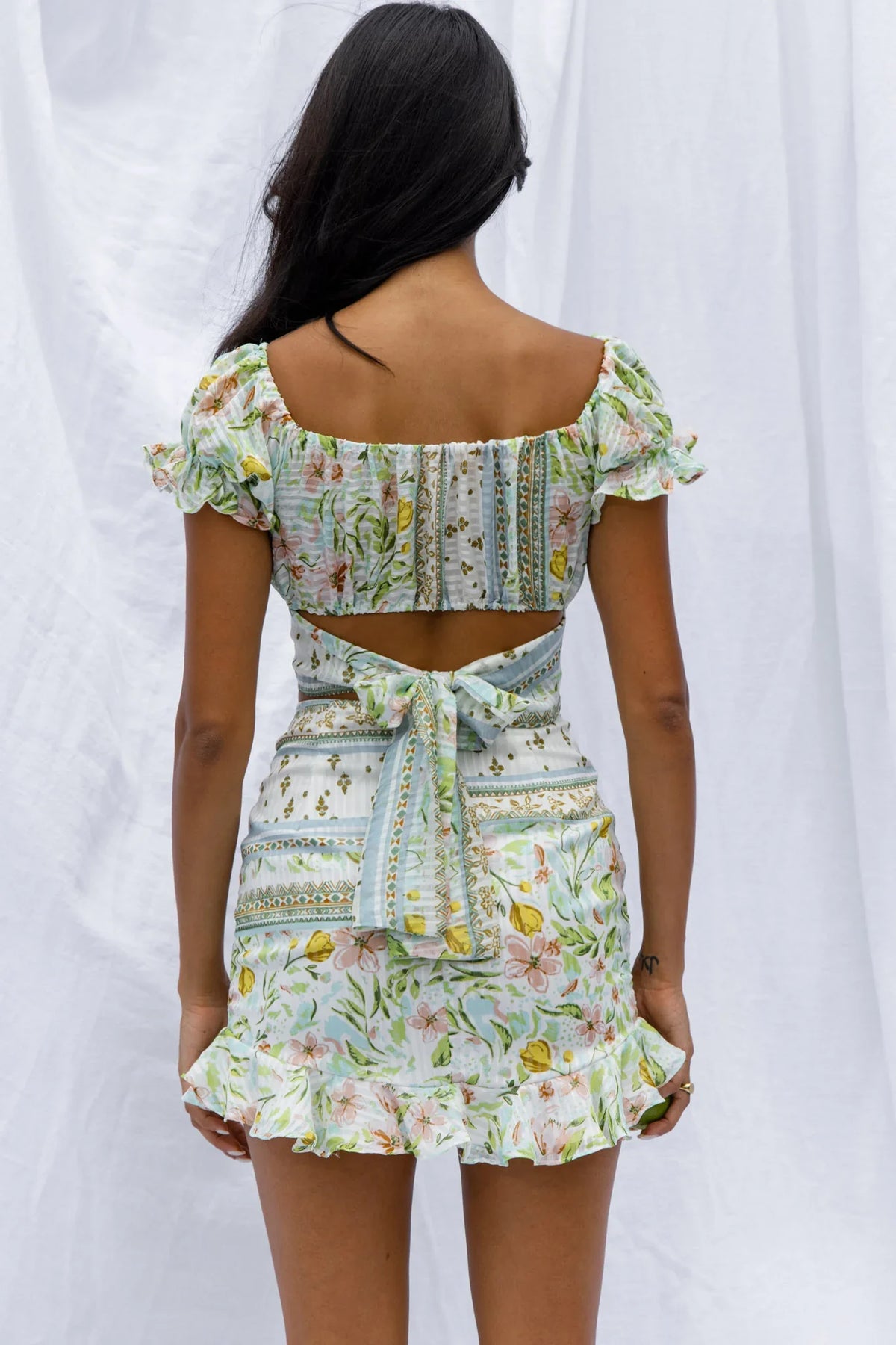 Azure Sky Tied Back Crop Top Printed Green