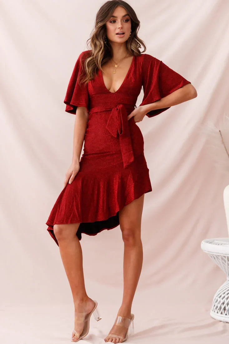 Sorry Not Sorry Asymmetrical Hem Dress Red