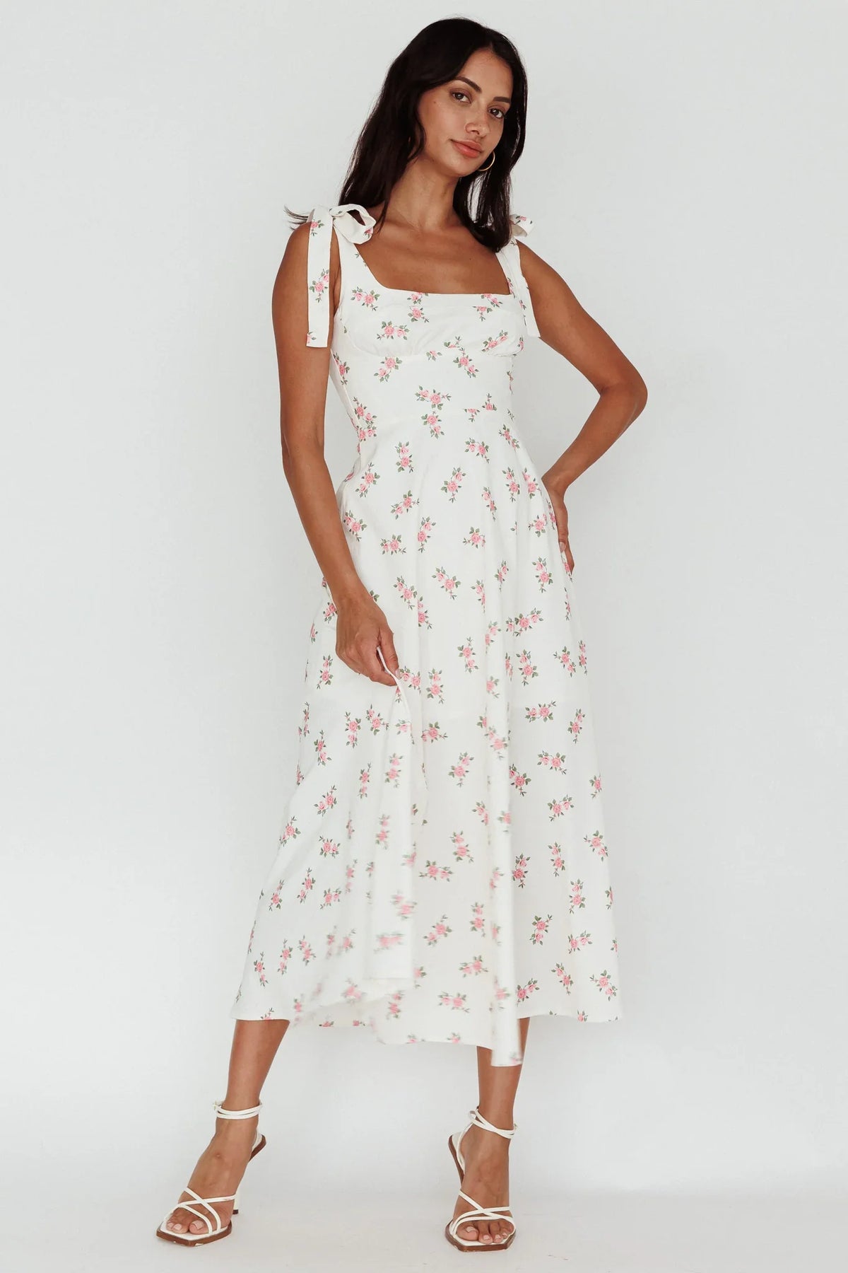 Mathilda Tied Shoulder Midi Dress Pink Floral