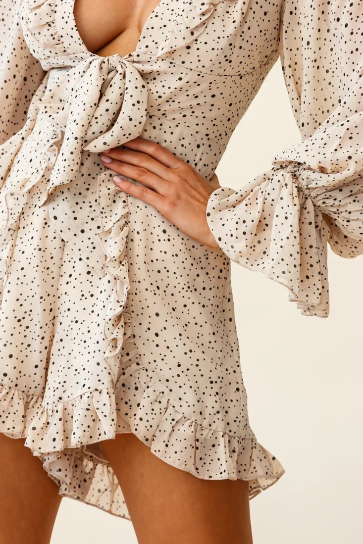 Tell Me More Balloon Sleeve Tie-Front Romper Spot Print Mocha