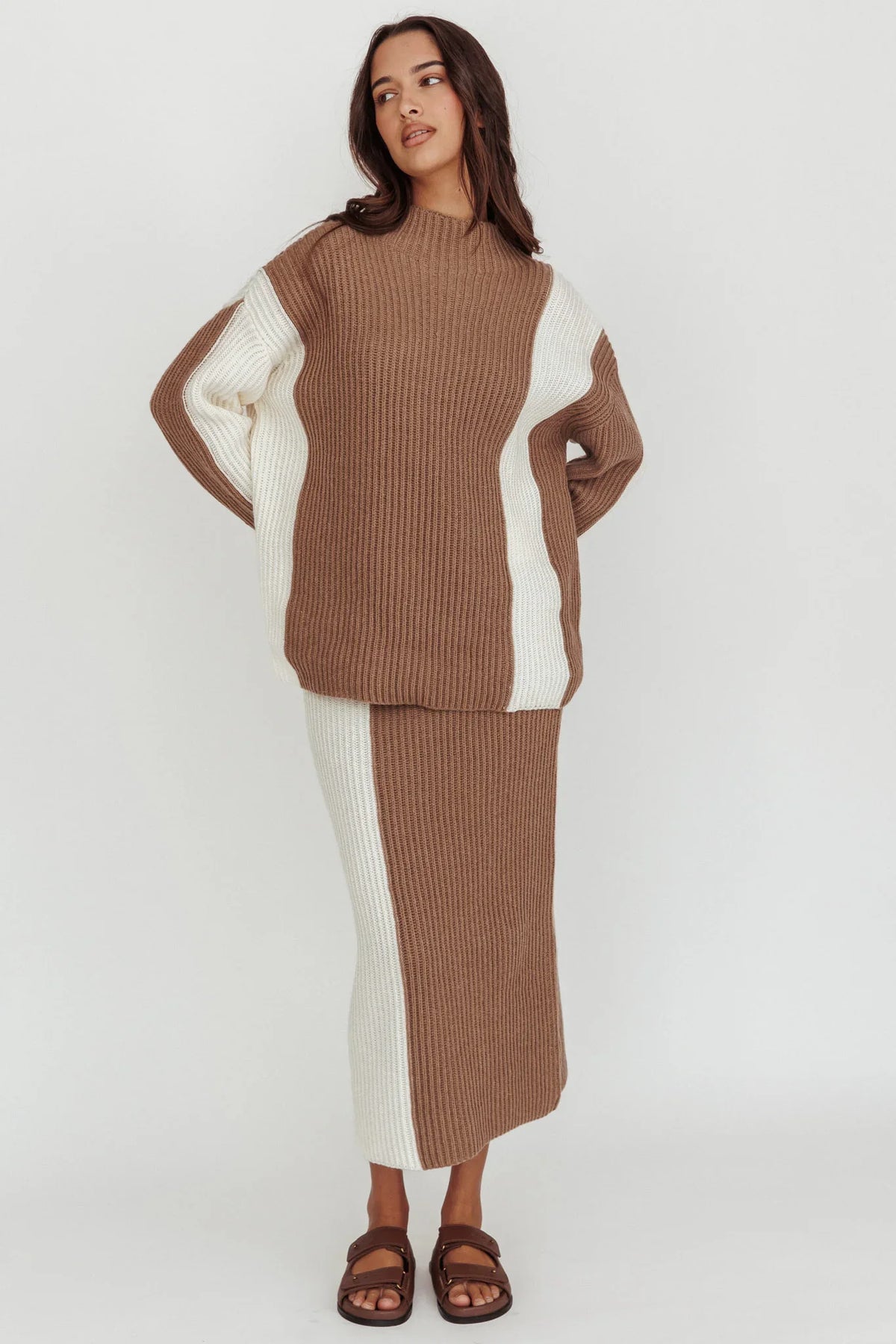 Eos Ribbed Knit Midi Skirt Mocha Cream