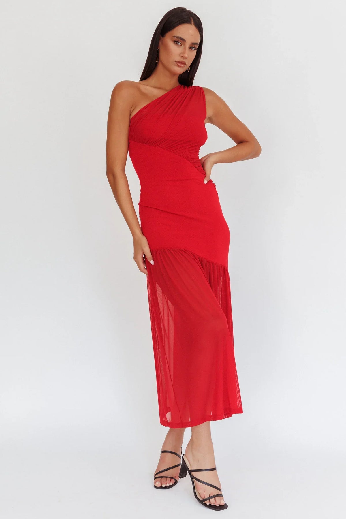 Passion One-Shoulder Mesh Maxi Dress Red