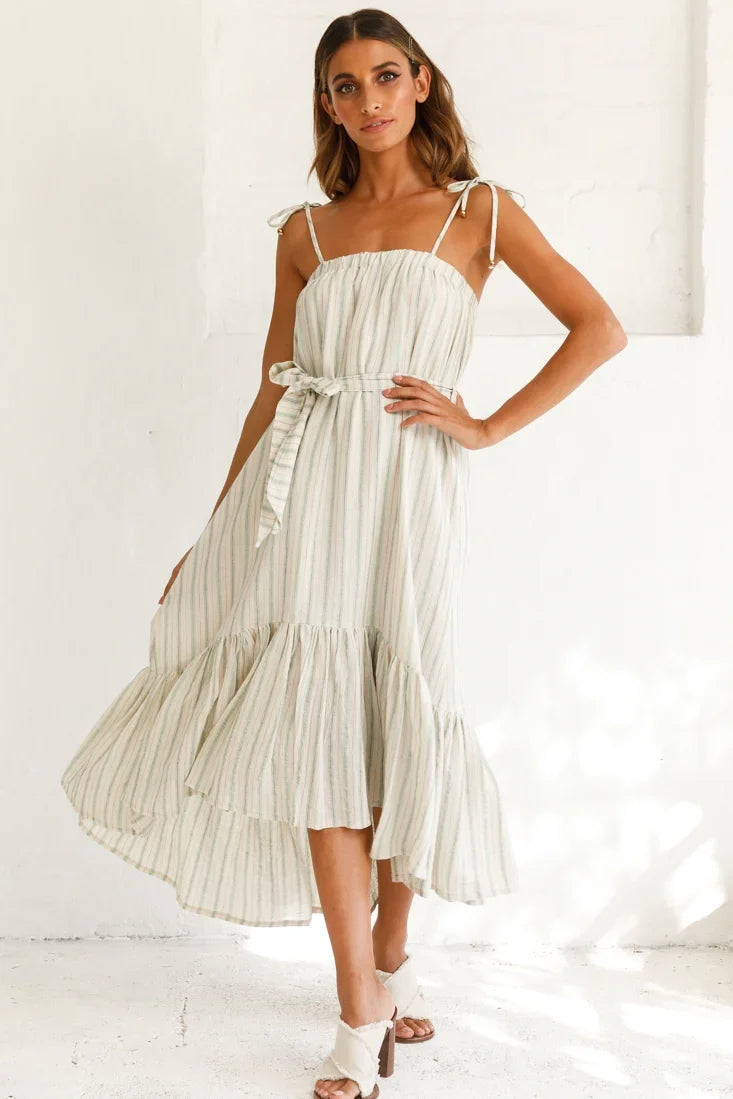 Golden Days Tied-Shoulder Midi Dress Stripe Pattern Olive