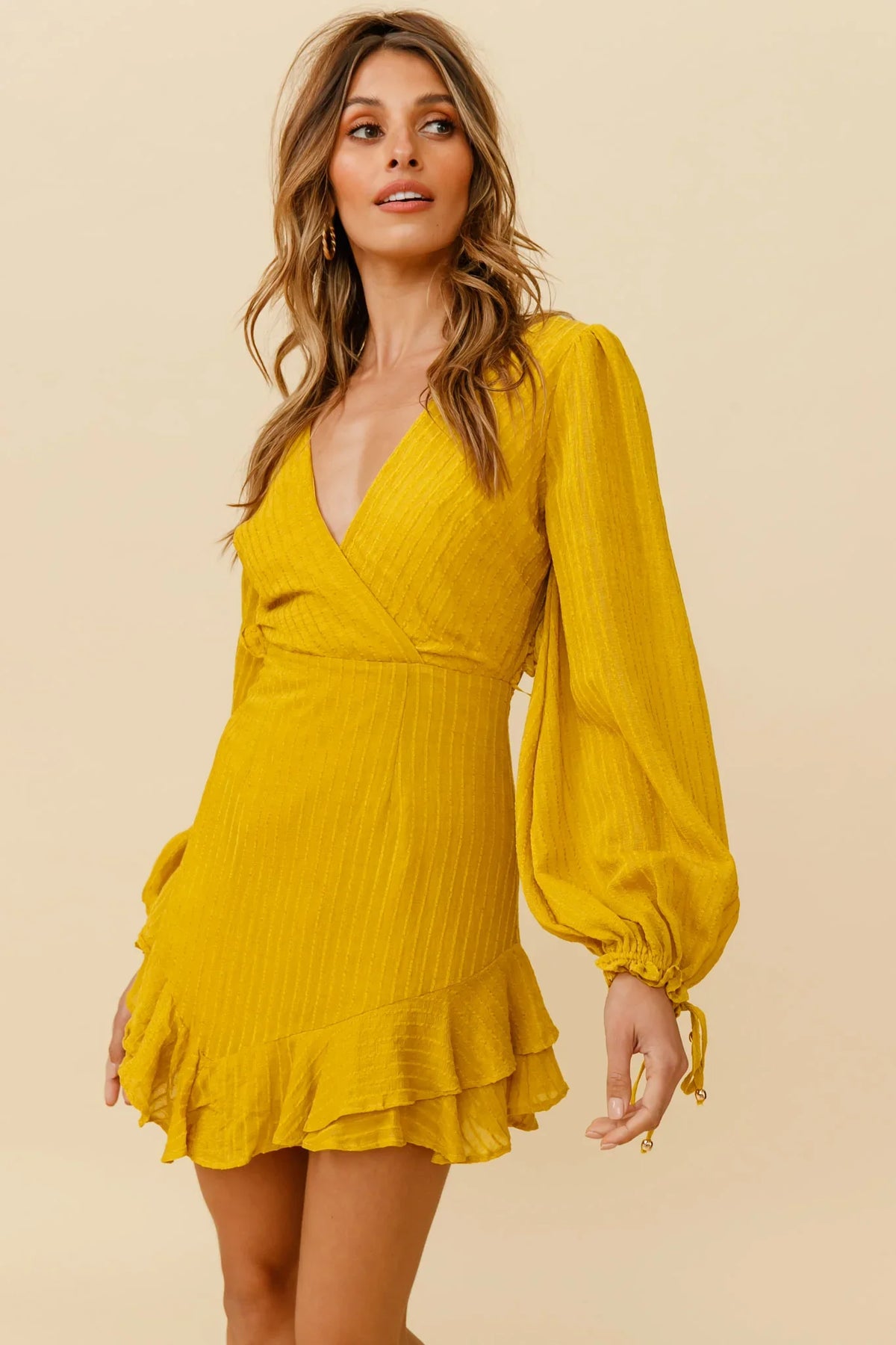 Lilo Surplice Neckline Cut-Out Back Dress Thin Stripe Mustard