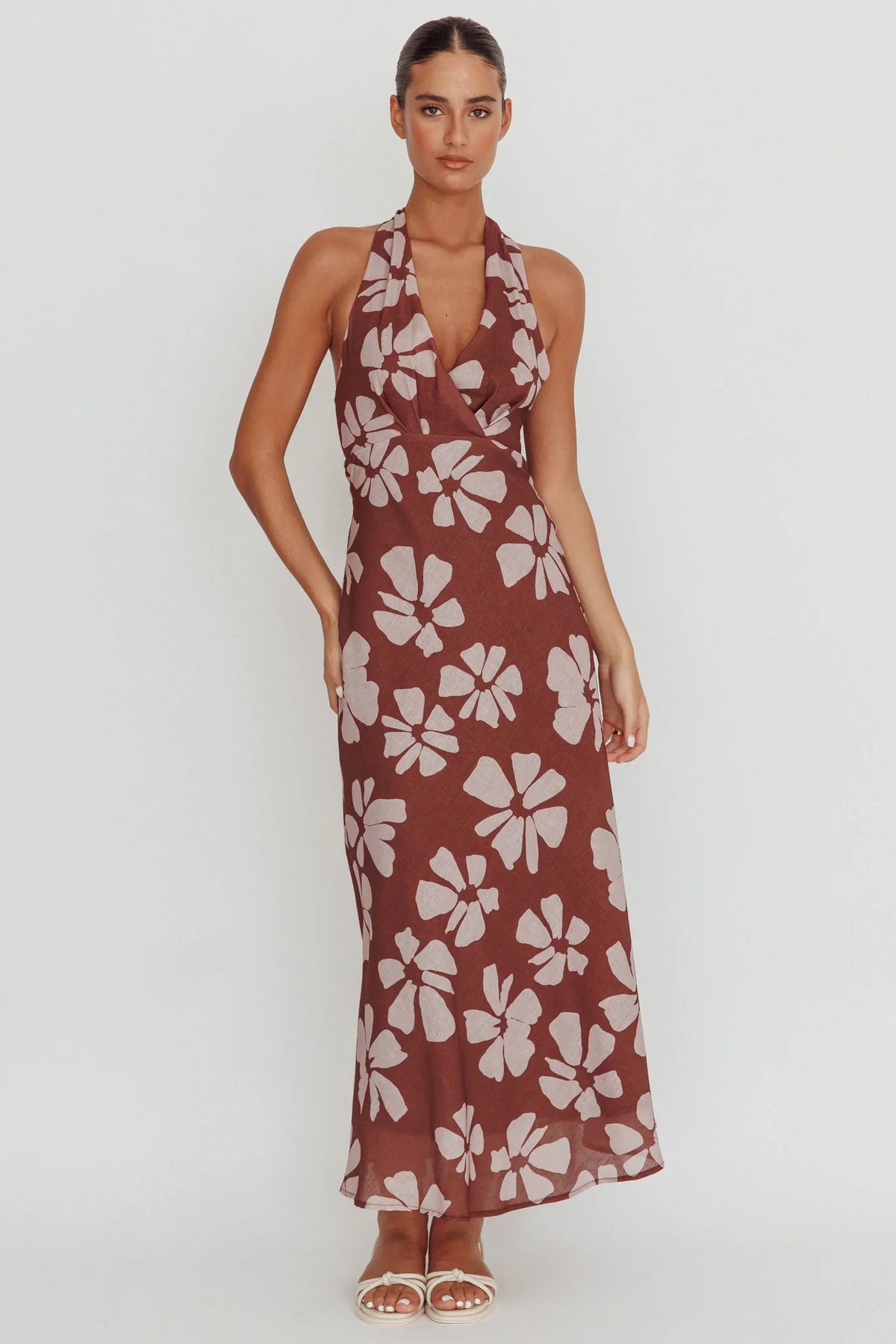 Italia Azure Halterneck Floral Maxi Dress Brown
