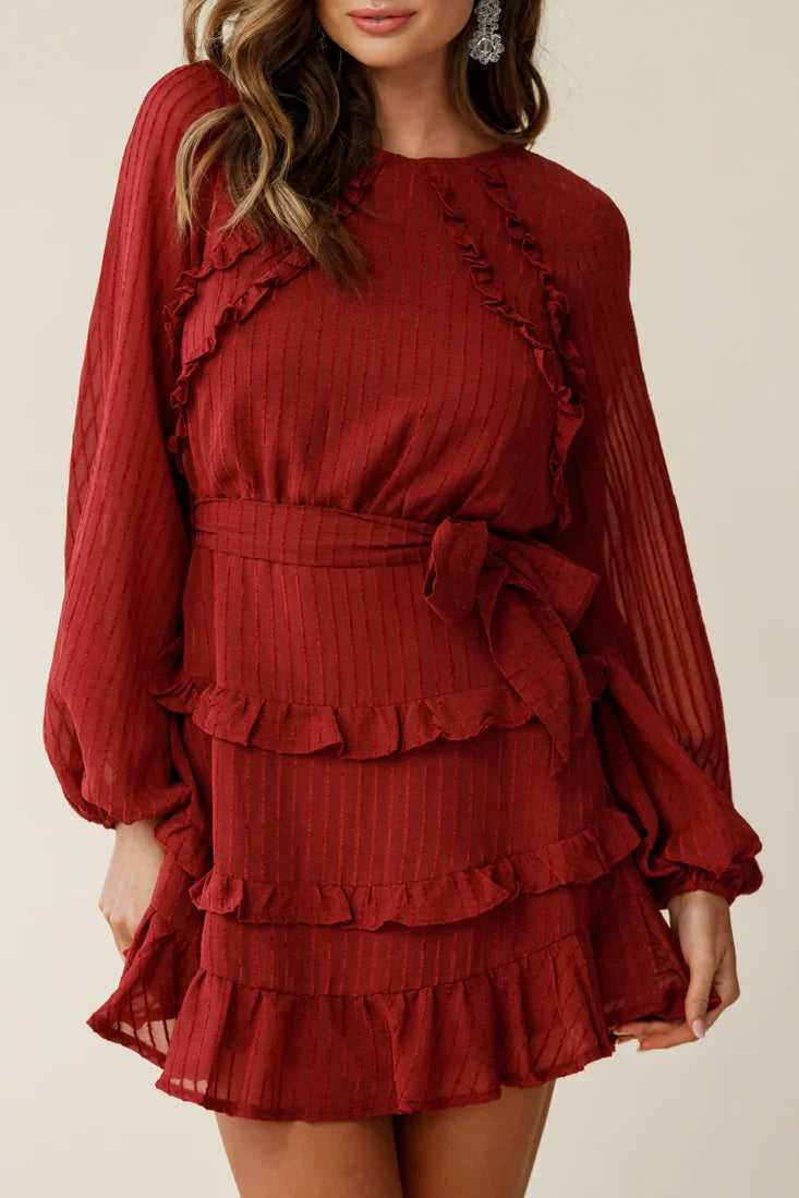Dusk Long Sleeve Waist Tie Frill Dress Thin Stripe Wine