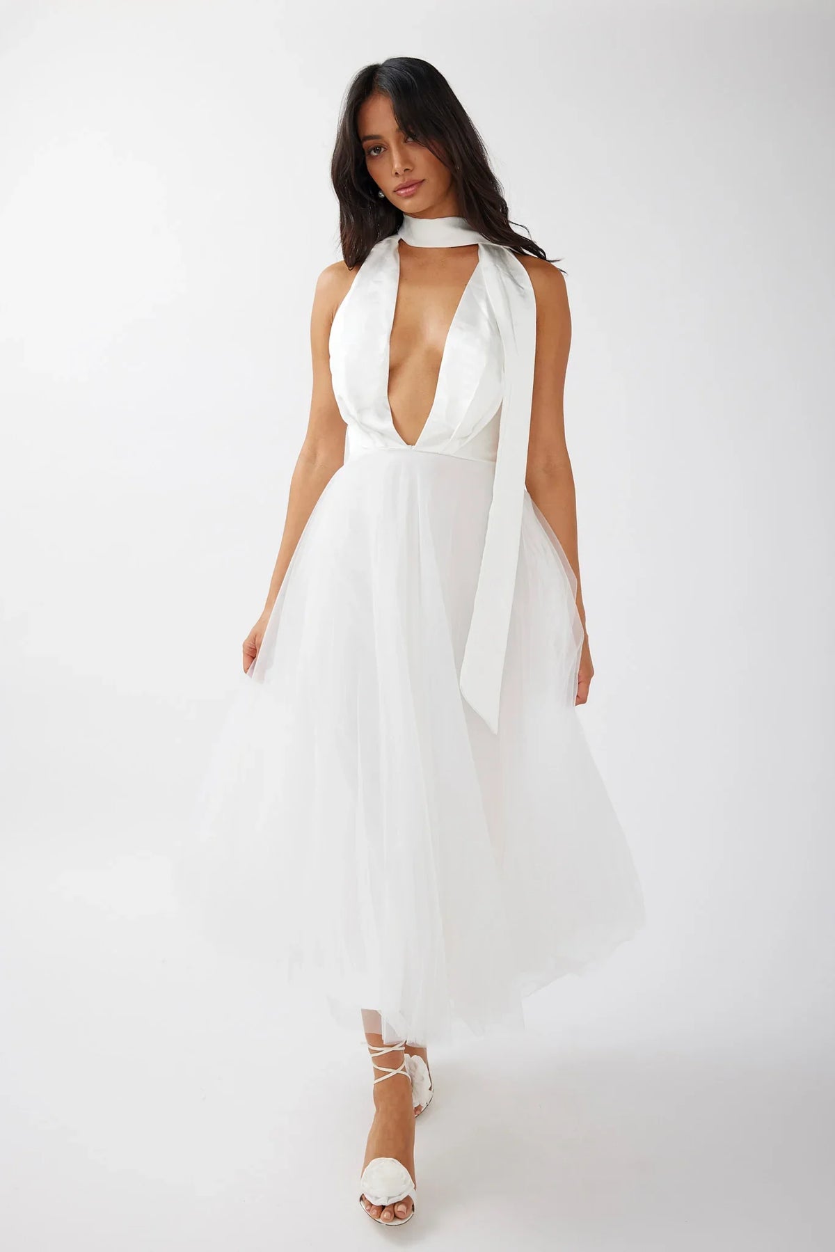 Darci Plunging Neckline Tulle Midi Dress White