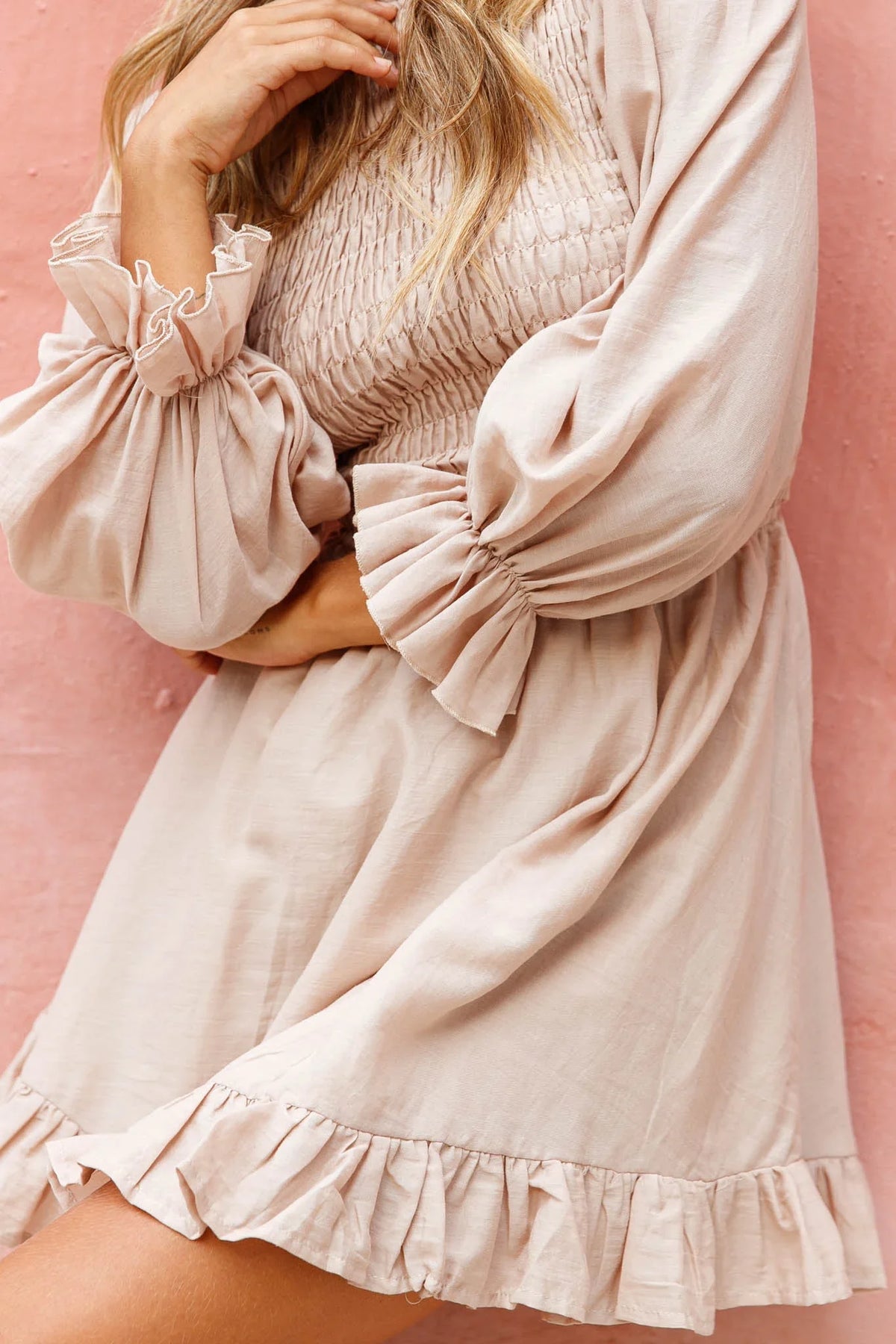 Marianna Long Sleeve Shirred Bust Dress Mocha