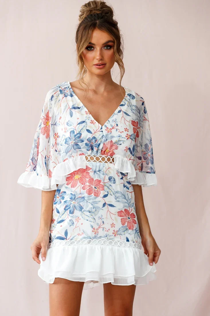 Caspar Batwing Floral Dress White