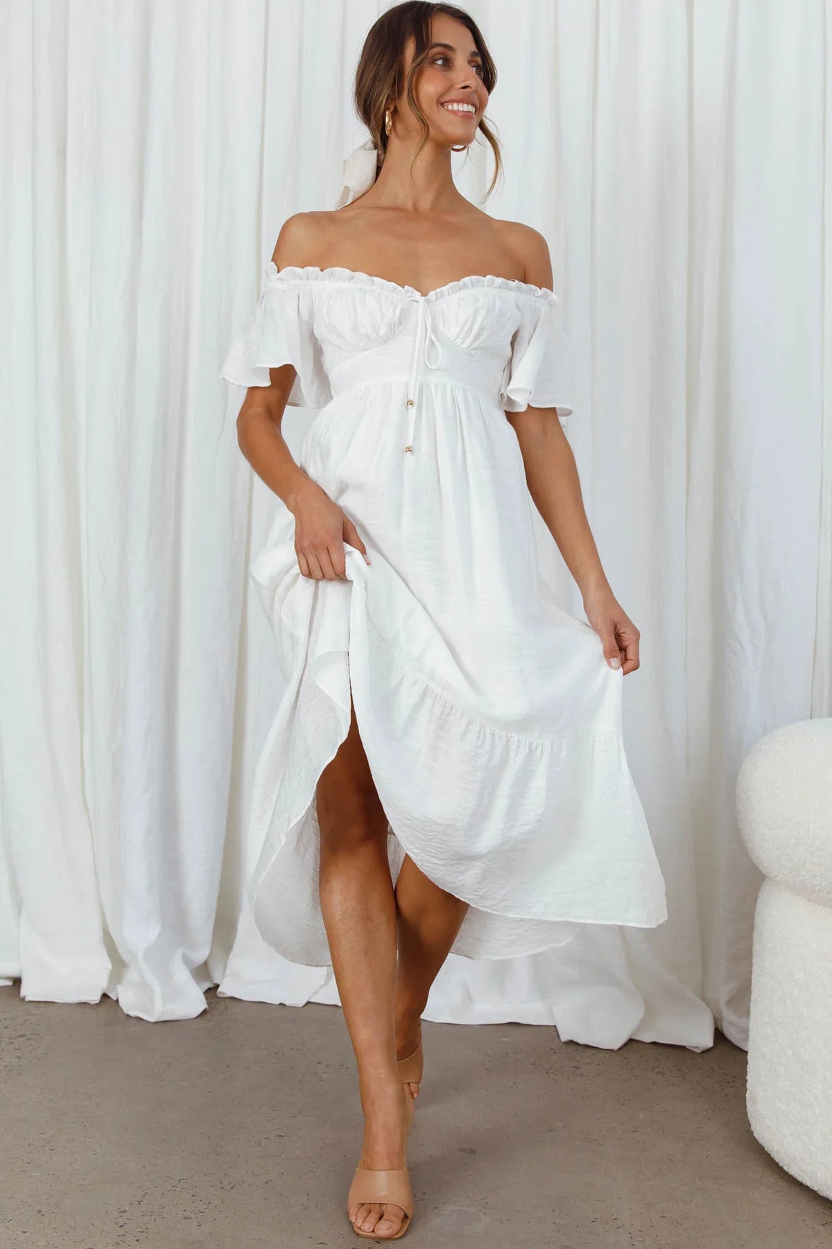 Dandelion Off-Shoulder Tied Back Midi Dress White