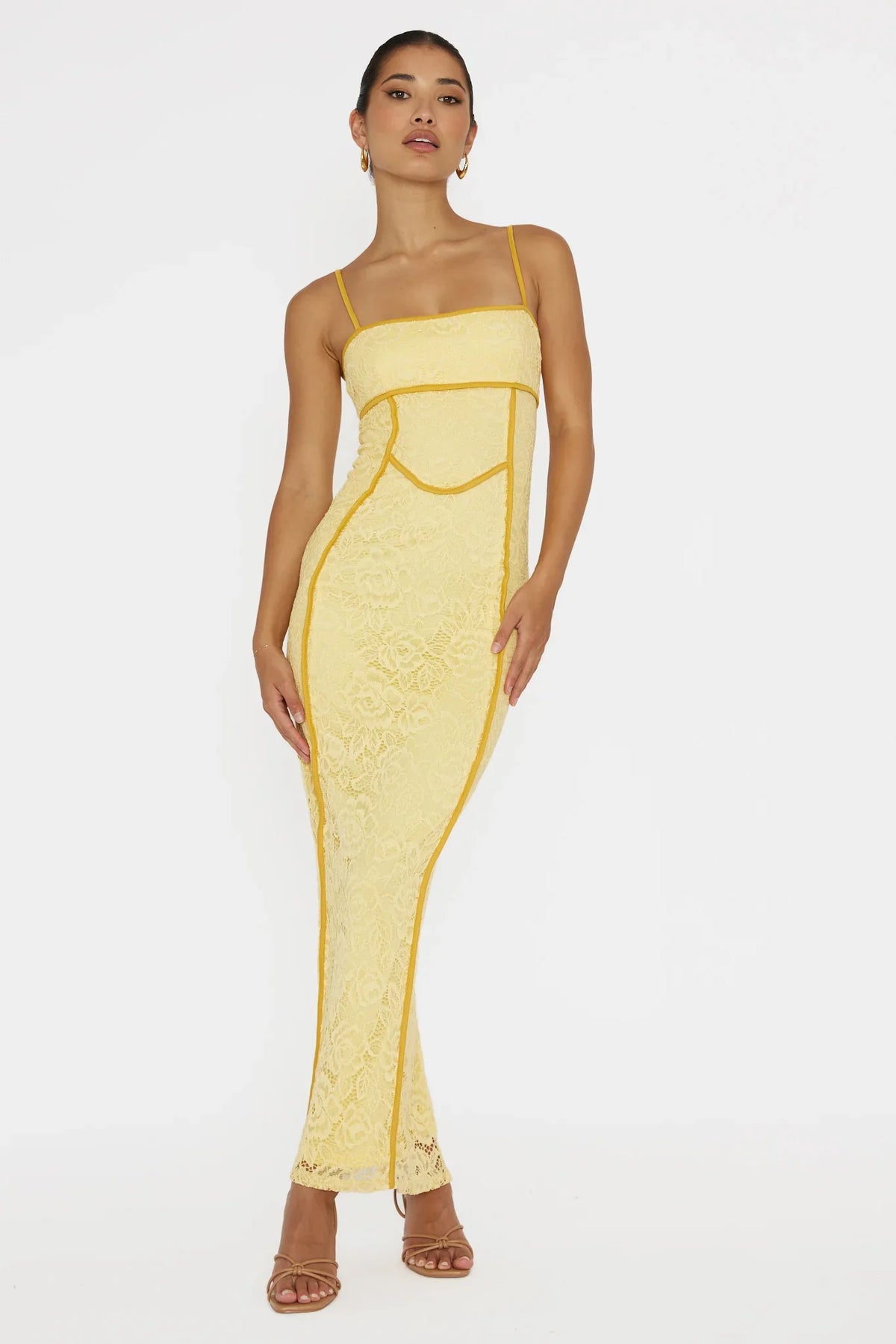 Inga Lace Piping Trim Midi Dress Yellow