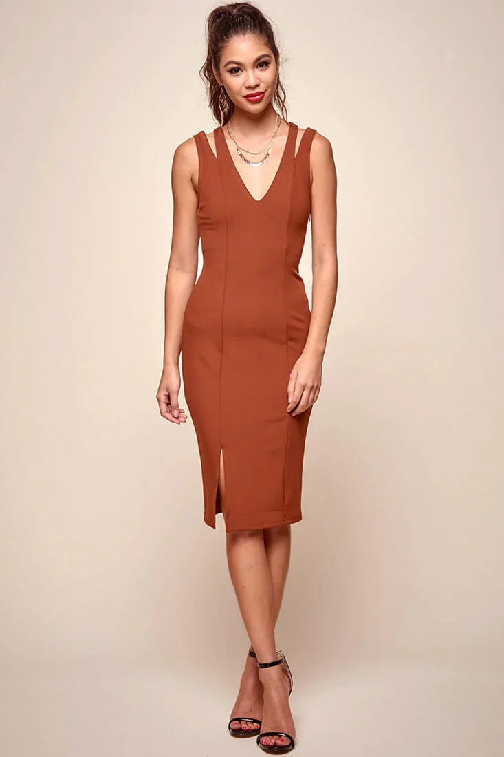 Pope Double Strap Bodycon Midi Dress Brown