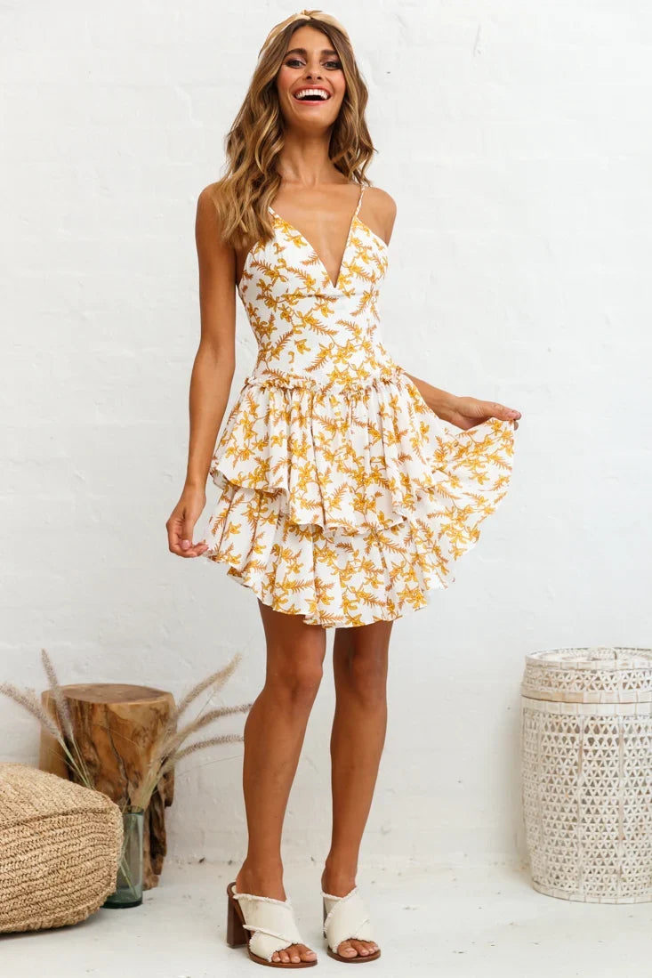 Evie Fitted Bodice Double Flounce Hem Floral Print Dress White