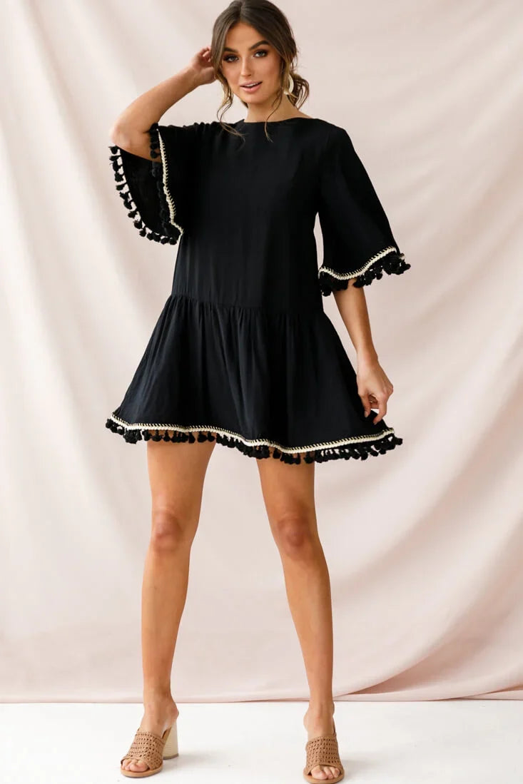 Donna Dropped Waist Tassel Dress Black