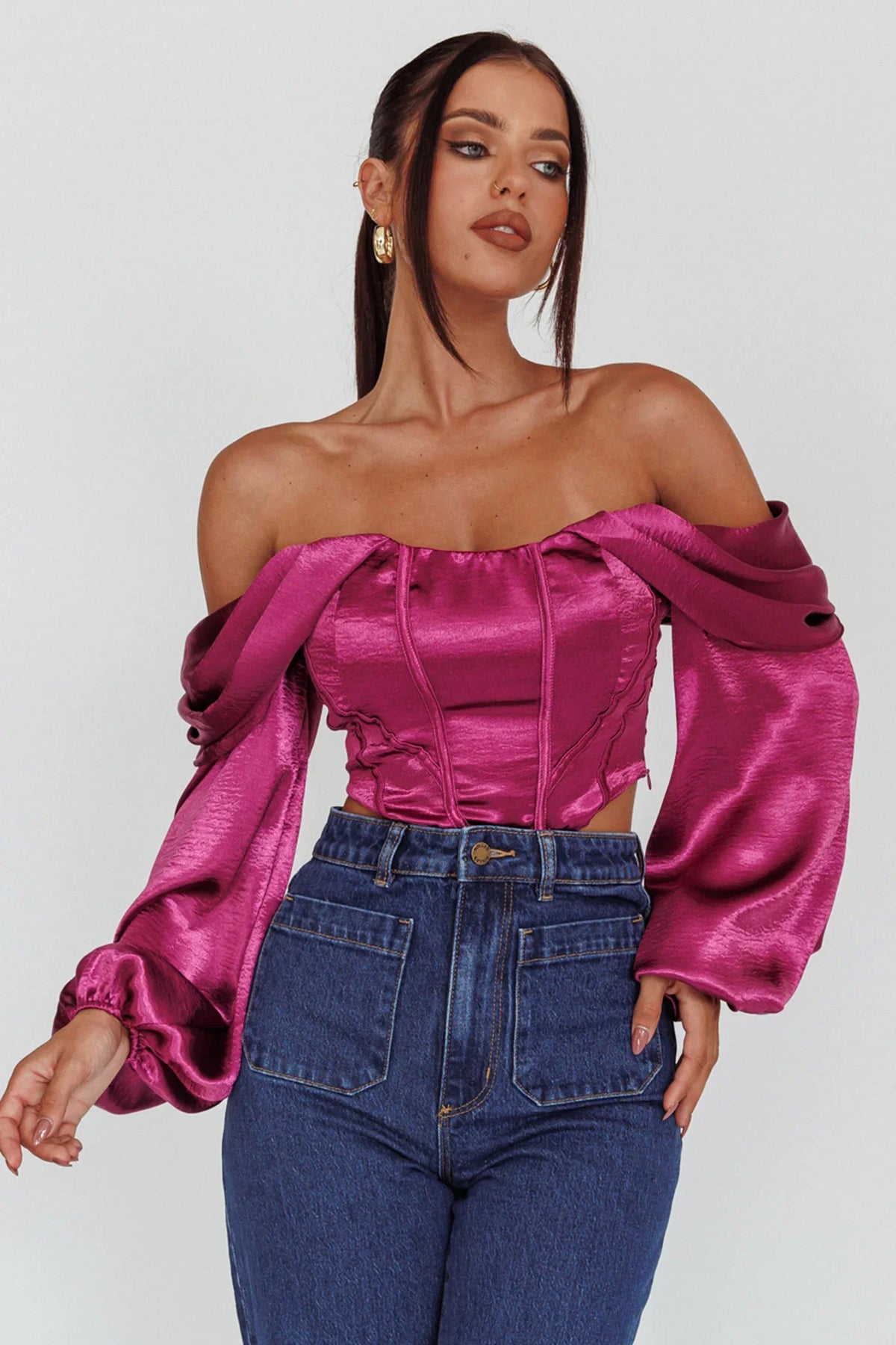 Elouise Off-Shoulder Long Sleeve Top Berry