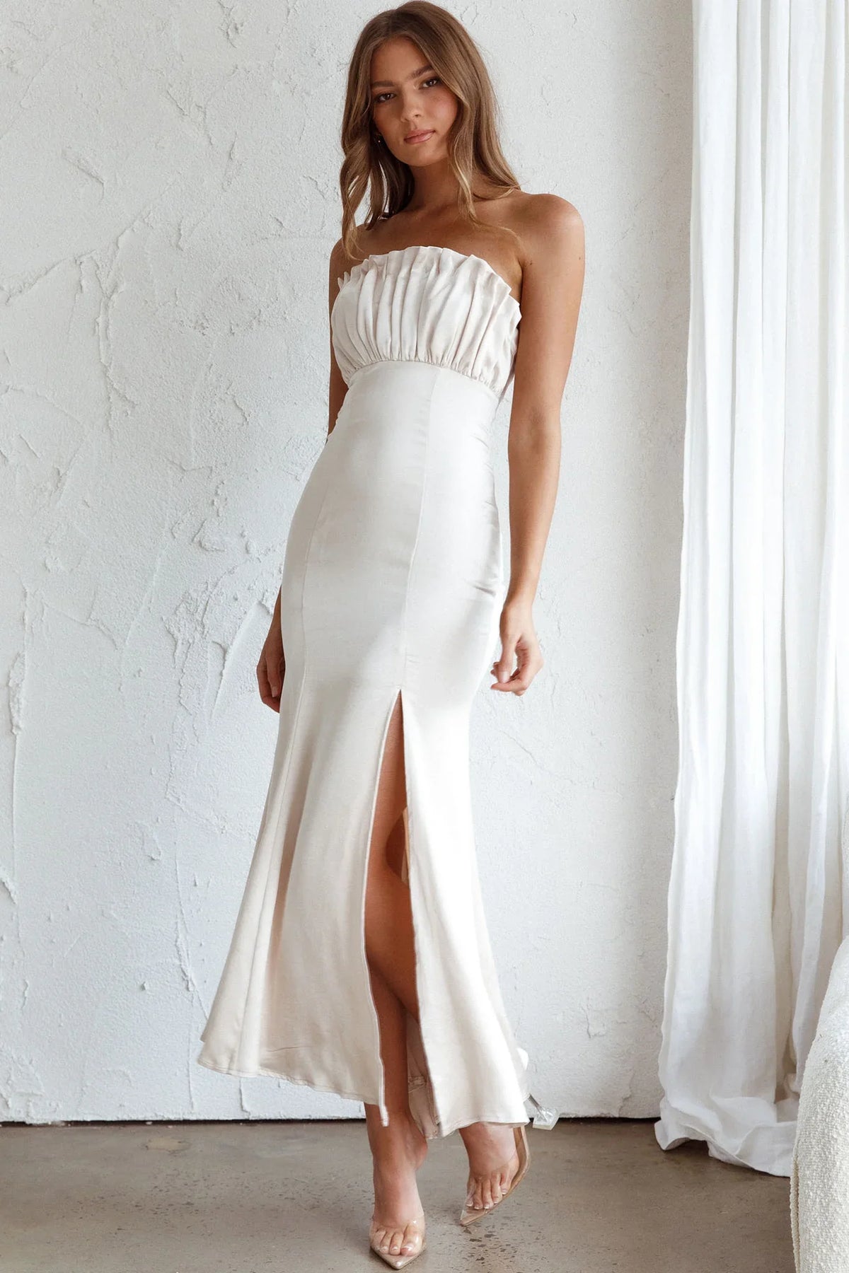 Tivoli Strapless Gathered Bust Midi Dress Champagne