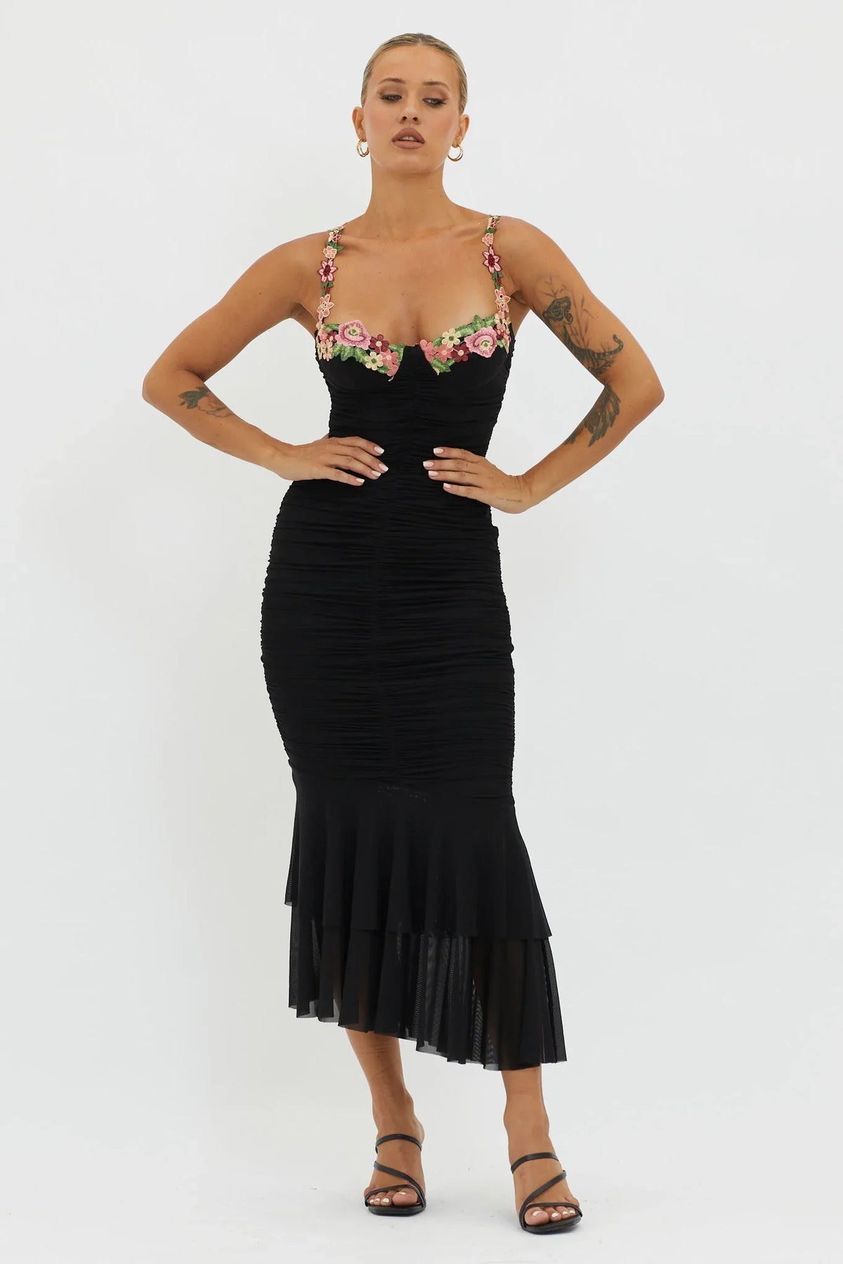 Rose Garden Ruched Mesh Midi Dress Black