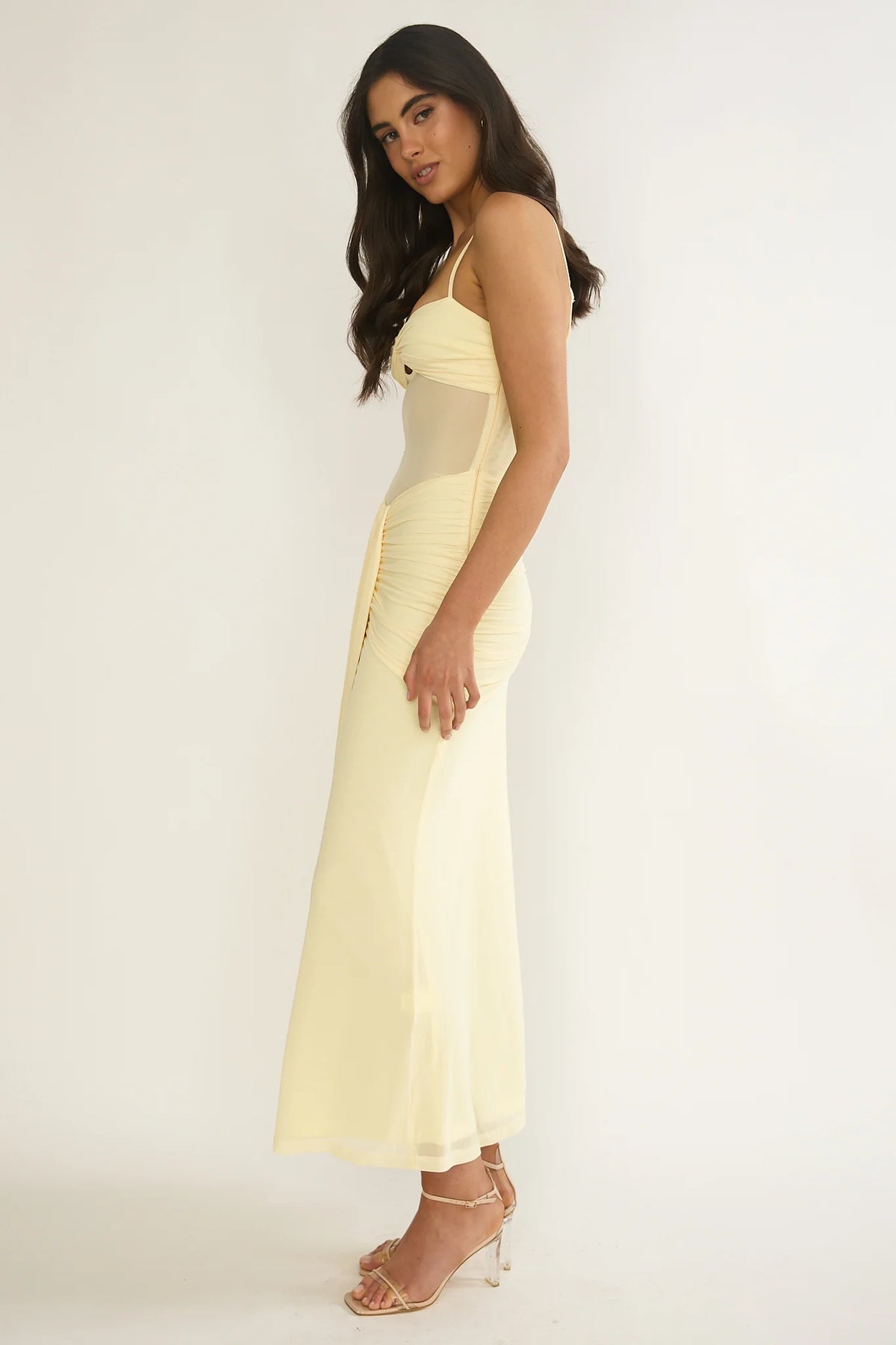 Kamilah Ruched Sheer Waist Maxi Dress Yellow