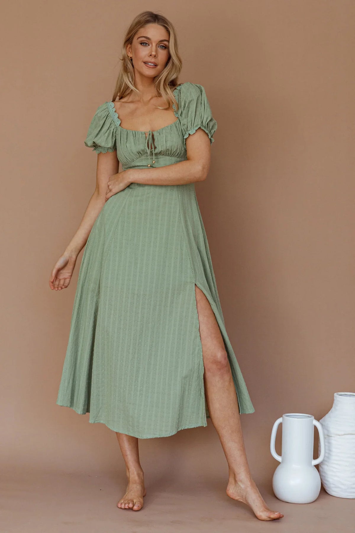 Chablis Gathered Bust Puff Sleeve Midi Dress Sage