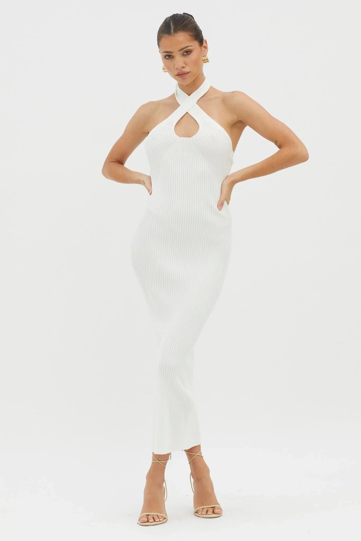 Lovelock Halterneck Ribbed Knit Midi Dress White