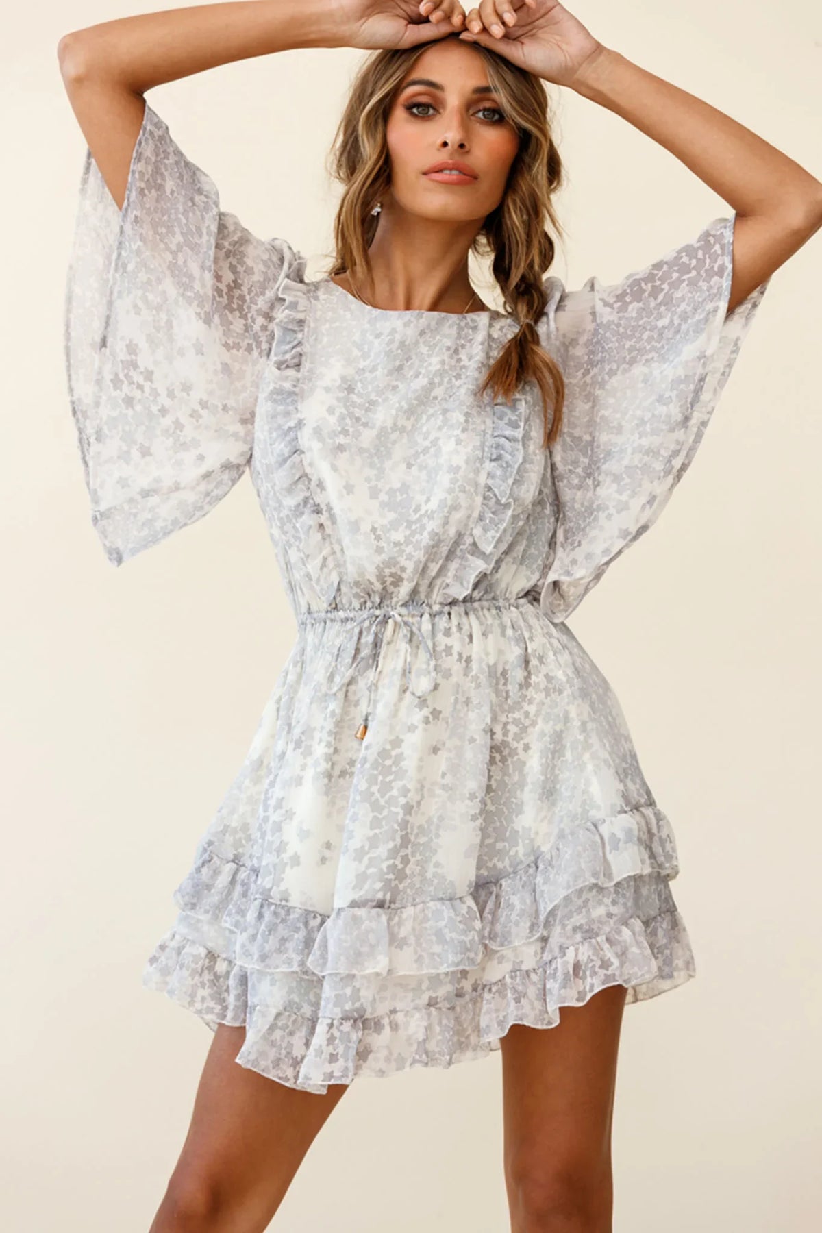 Stars Aligned Angel Sleeve Drawstring Waist Dress Star Print Grey