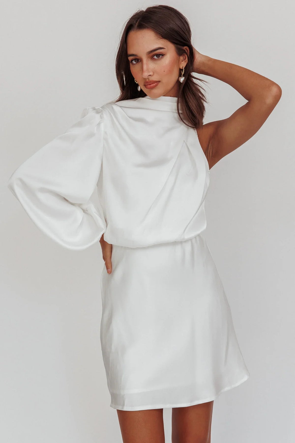 Can't Compete One Sleeve Mini Dress Off White
