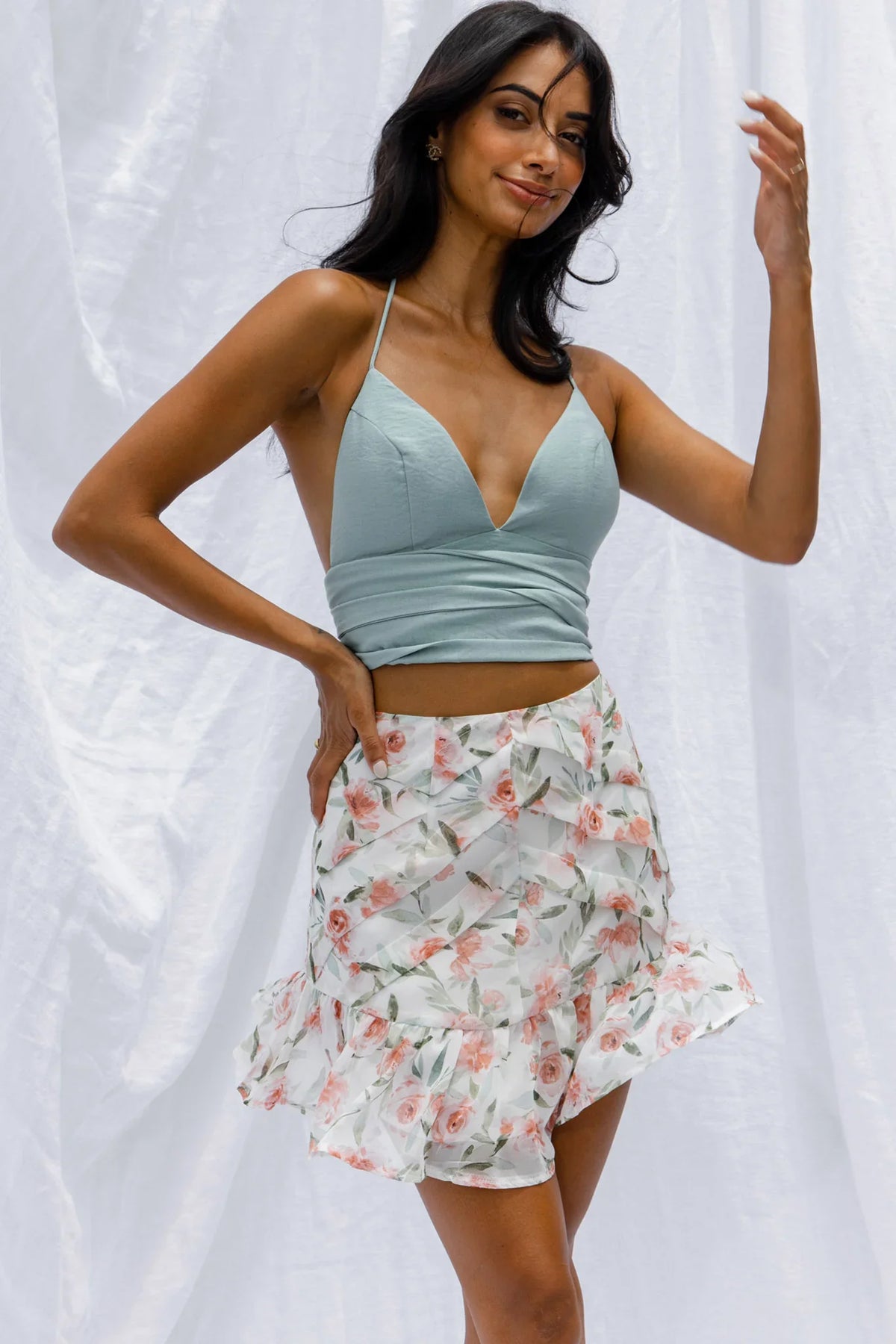 Starshine Halterneck Waist Tie Crop Top Hot Sage