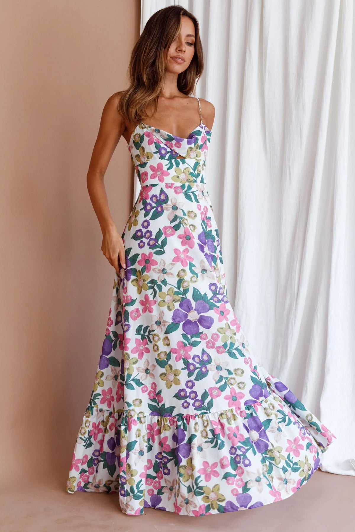 Beachside Flounce Hem Maxi Dress White Floral