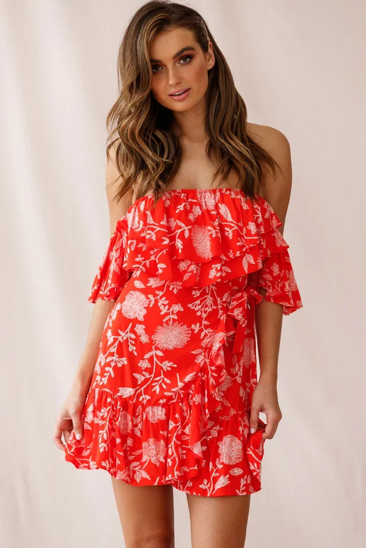 Audrina Off-Shoulder Wrap Dress Floral Print Red