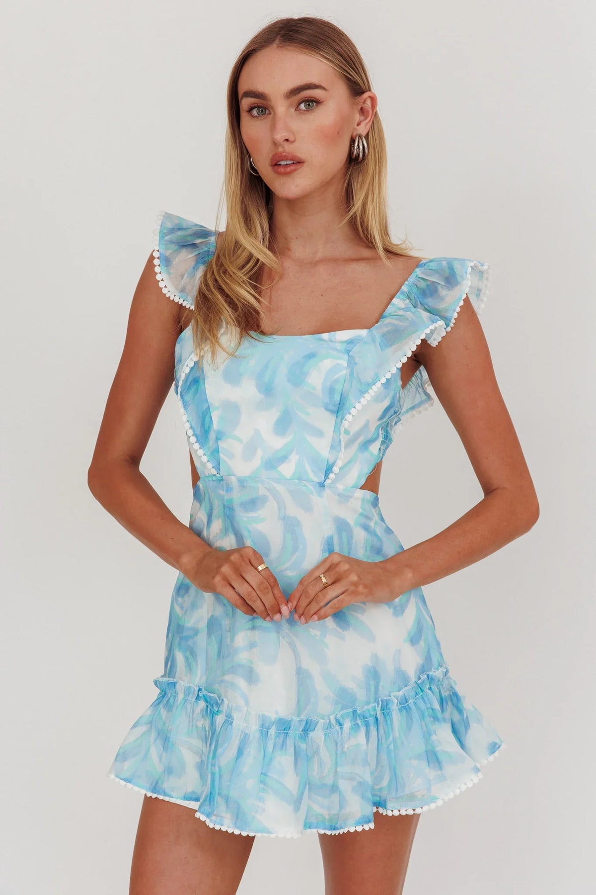 Porcia Tied Back Frill Dress Leaves Blues