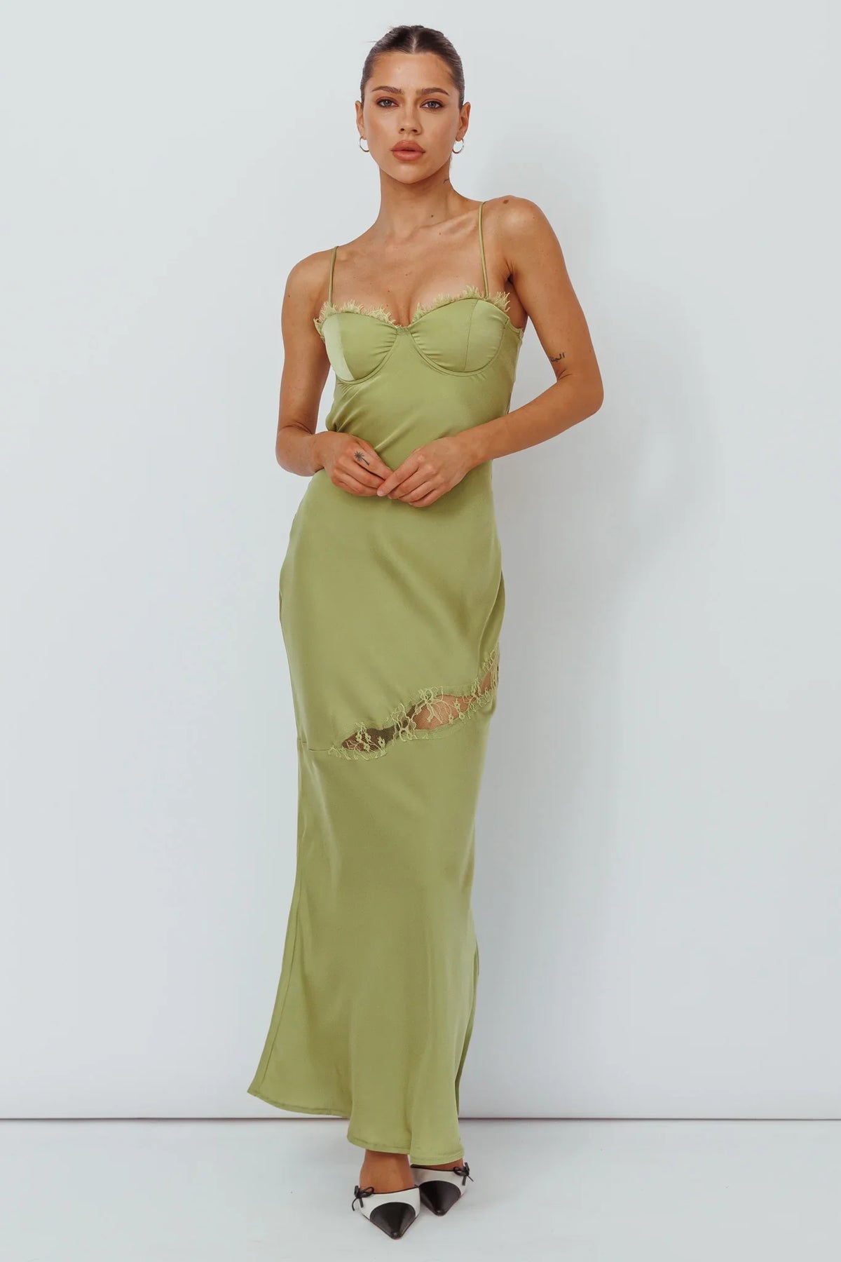 Sweet Talker Lace Trim Midi Dress Lime