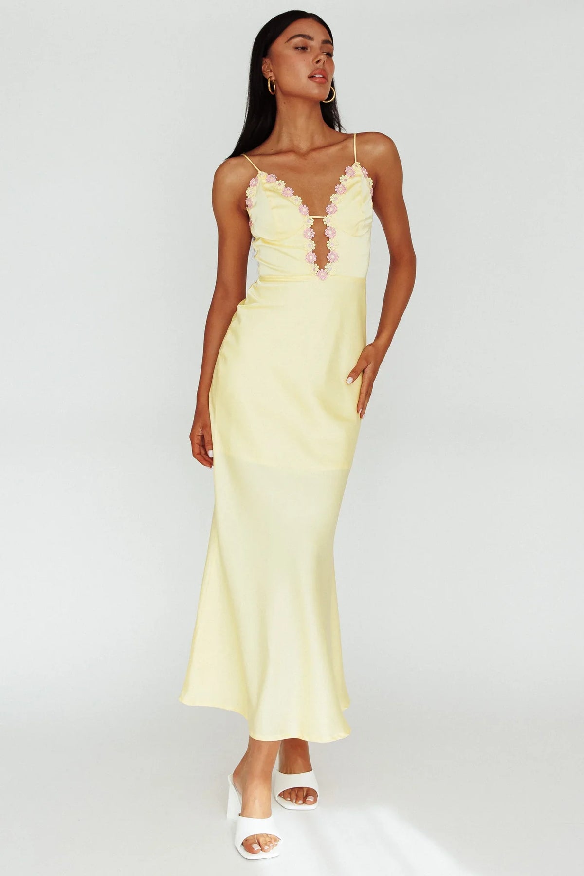 Honeysuckle Floral Neckline Midi Dress Lemon
