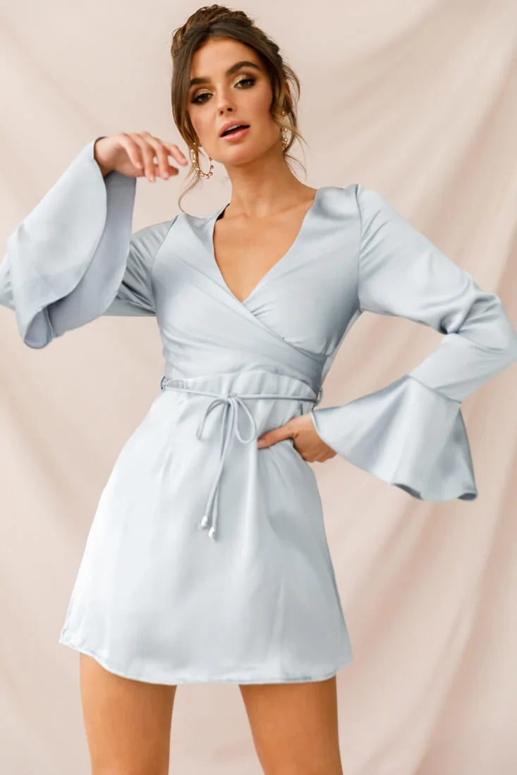Nikki Flared Cuff Satin Dress Grey
