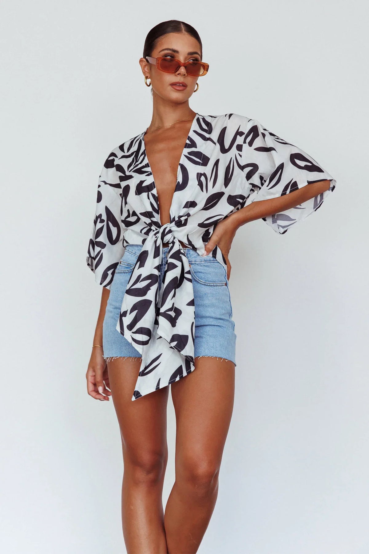 Rivera Deep-V Waist-Tie Top Leaves Black