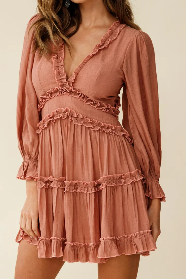 Laney Cutout Back Balloon Sleeve Dress Rose