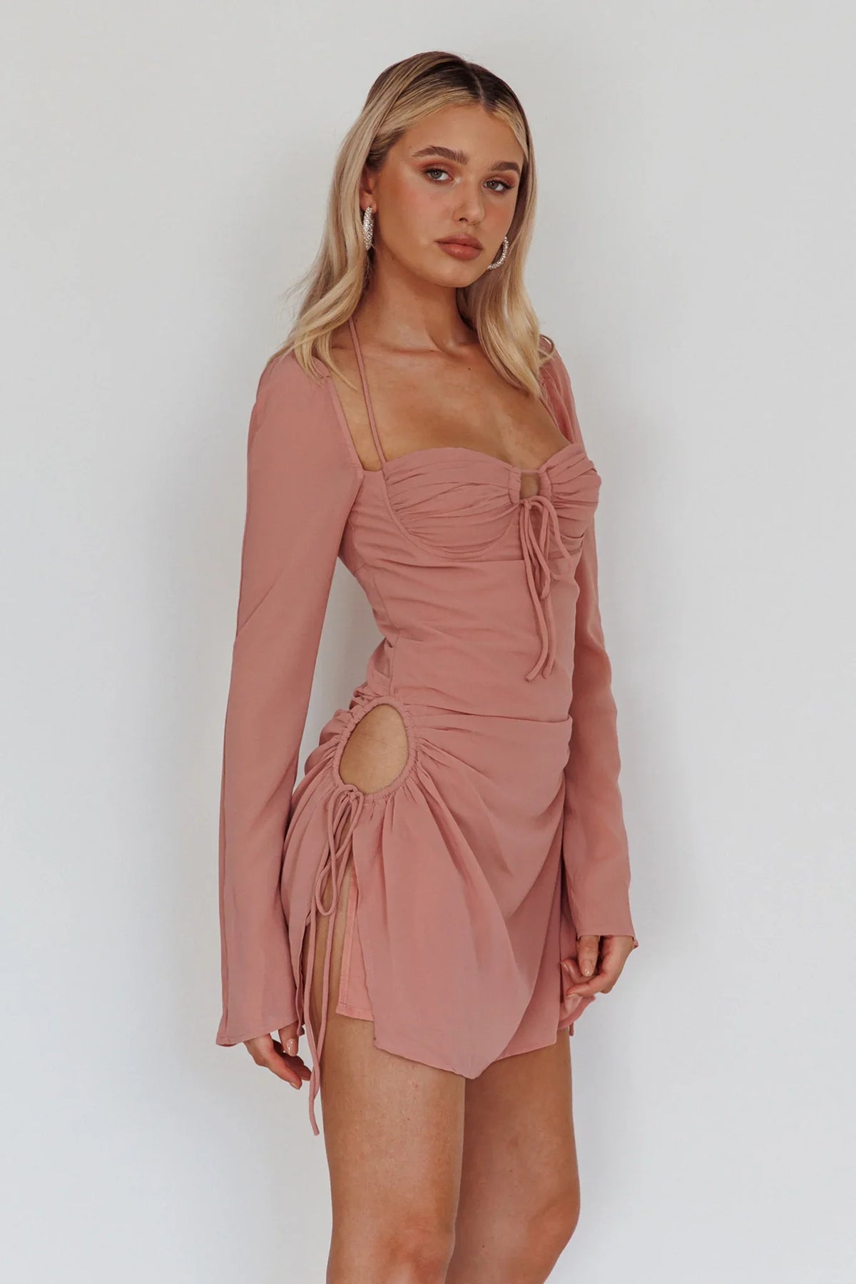 Etta Drawstring Long Sleeve Mini Dress Blush