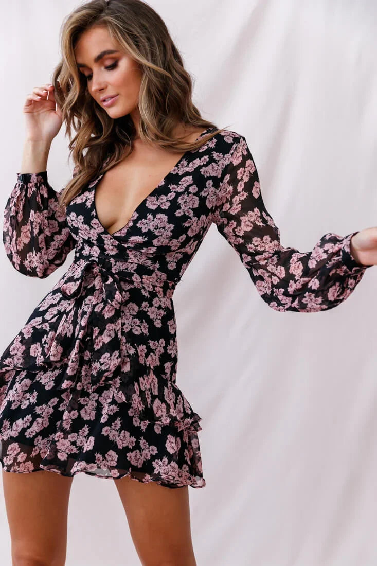 Kerry Layered Balloon Sleeve Dress Black/Pink