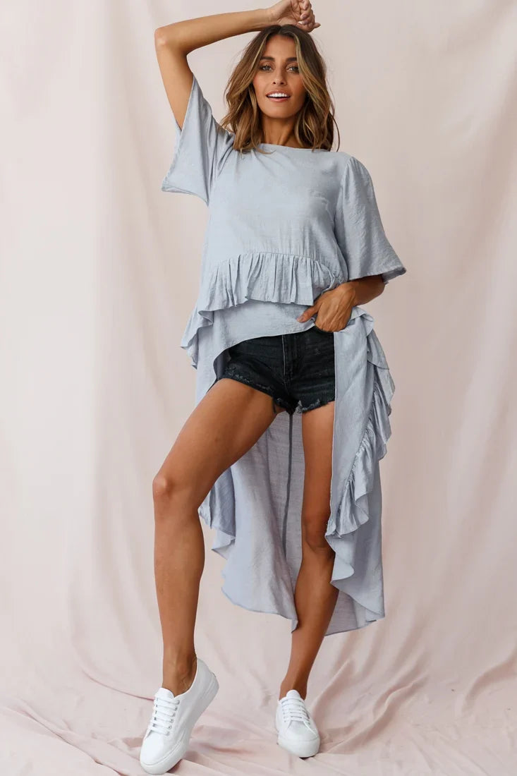Kara High-Low Ruffle Trim Top Grey