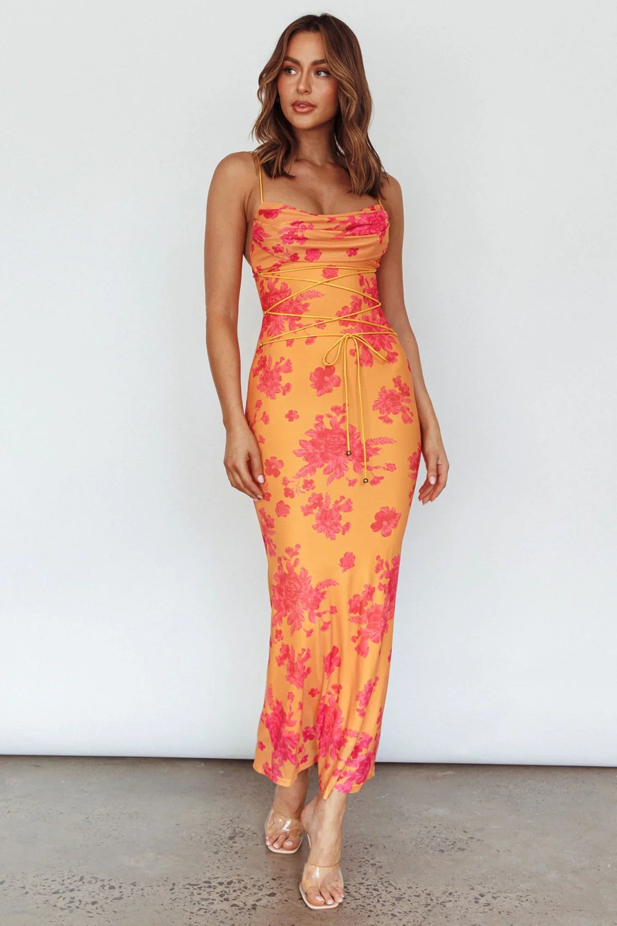 Teava Laced Waist Maxi Dress Floral Orange