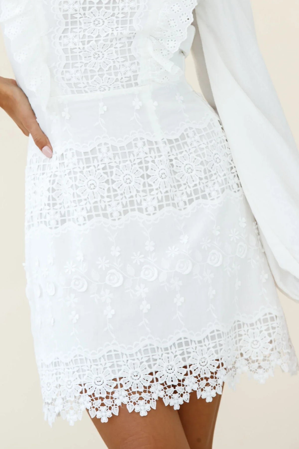 Gracious Long Sleeve Floral Lace Accent Dress White