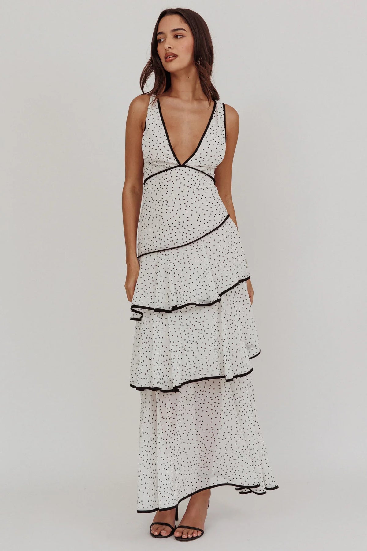 Veda Strappy Back Ruffle Maxi Dress Polka Dot White