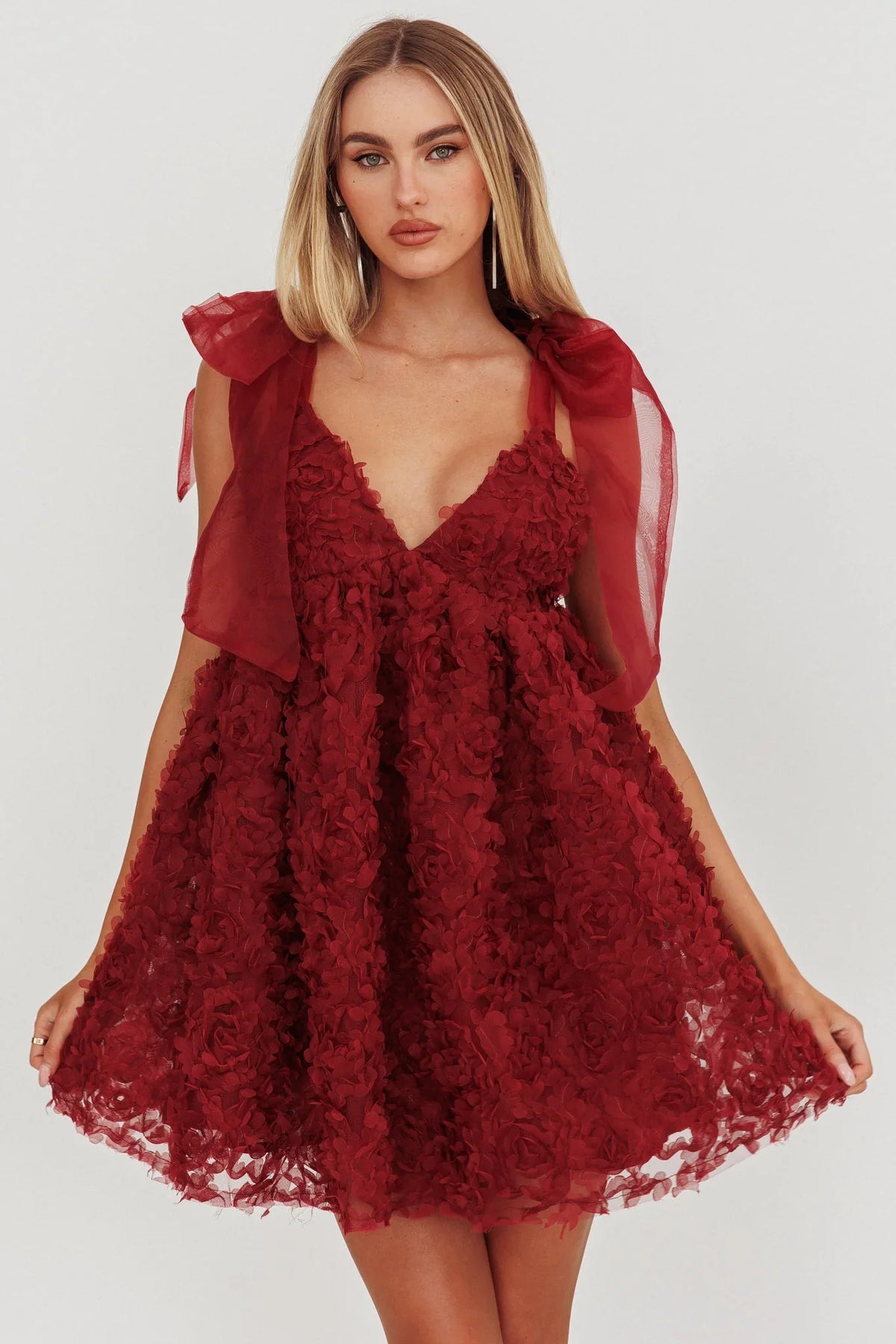 Lisette Tied Shoulder Embellished Mini Dress Wine