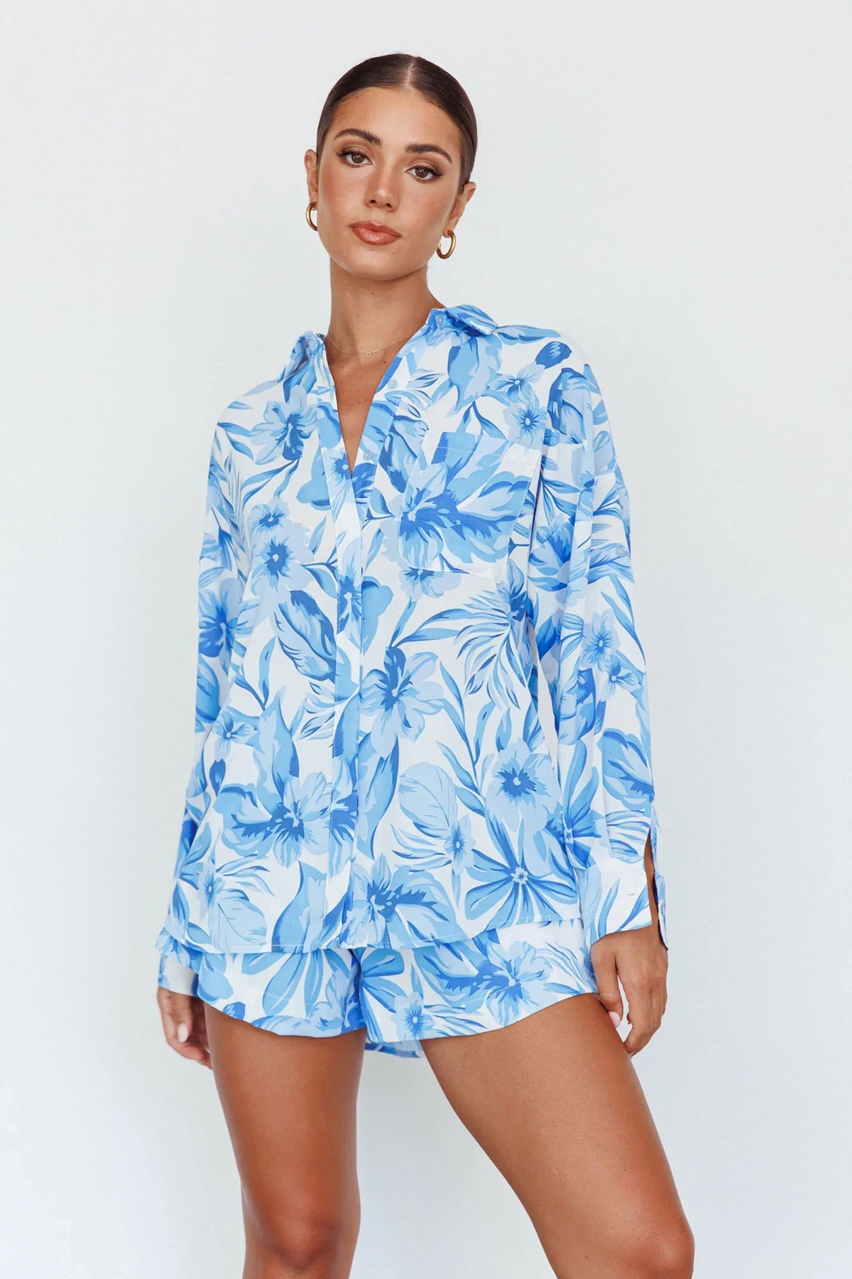 Home Stretch Button Up Shirt Tropical Blue