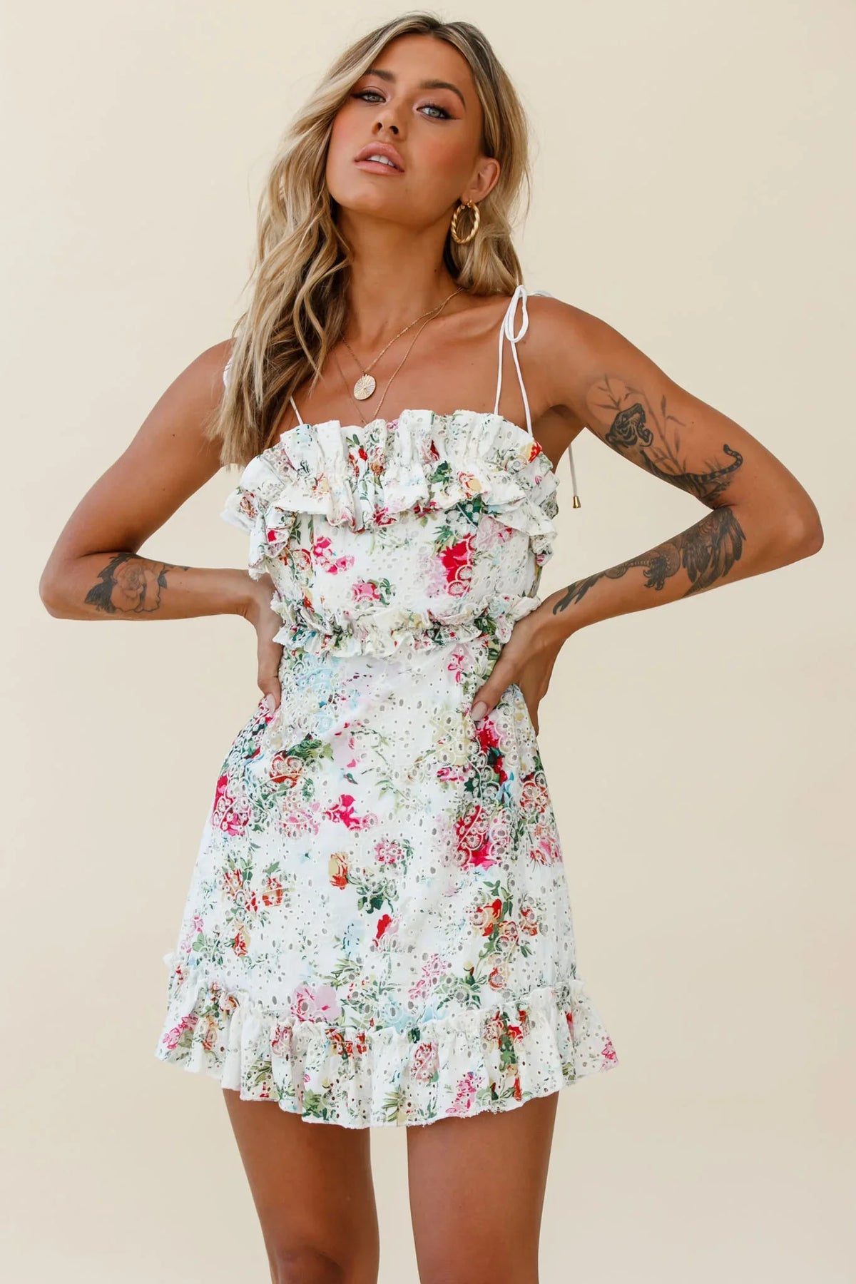 Frill Seeker Eyelet Embroidery Tied Back Dress Floral Print Multi