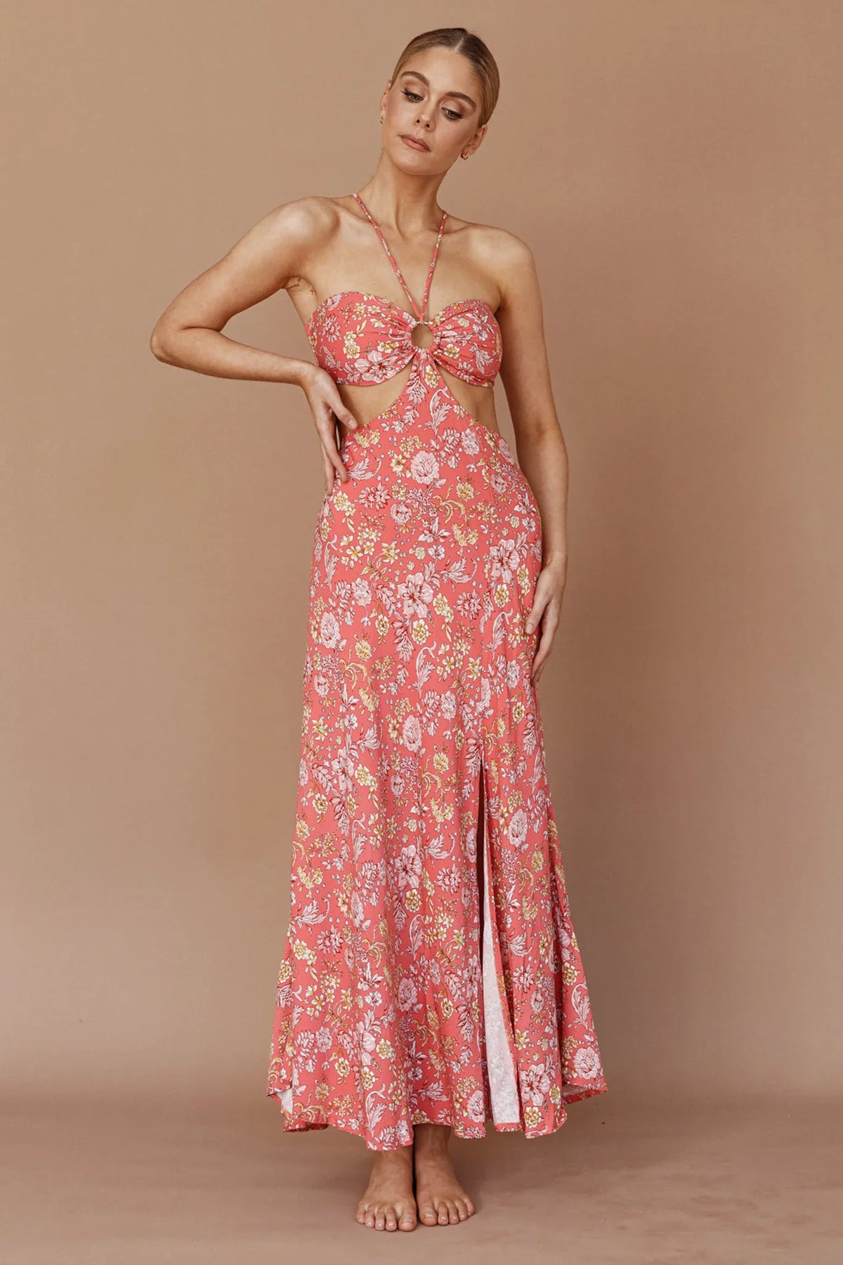 Amorcito Cut-Out Waist Midi Dress Floral Red