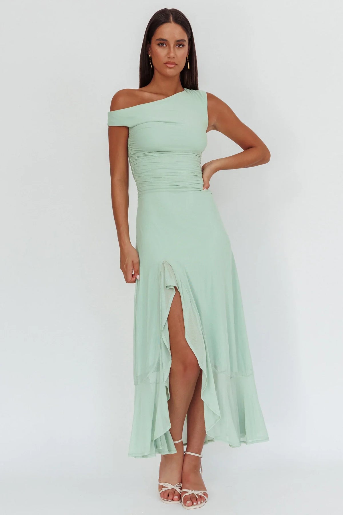 Moonlit Magic Asymmetric Neckline Maxi Dress Sage