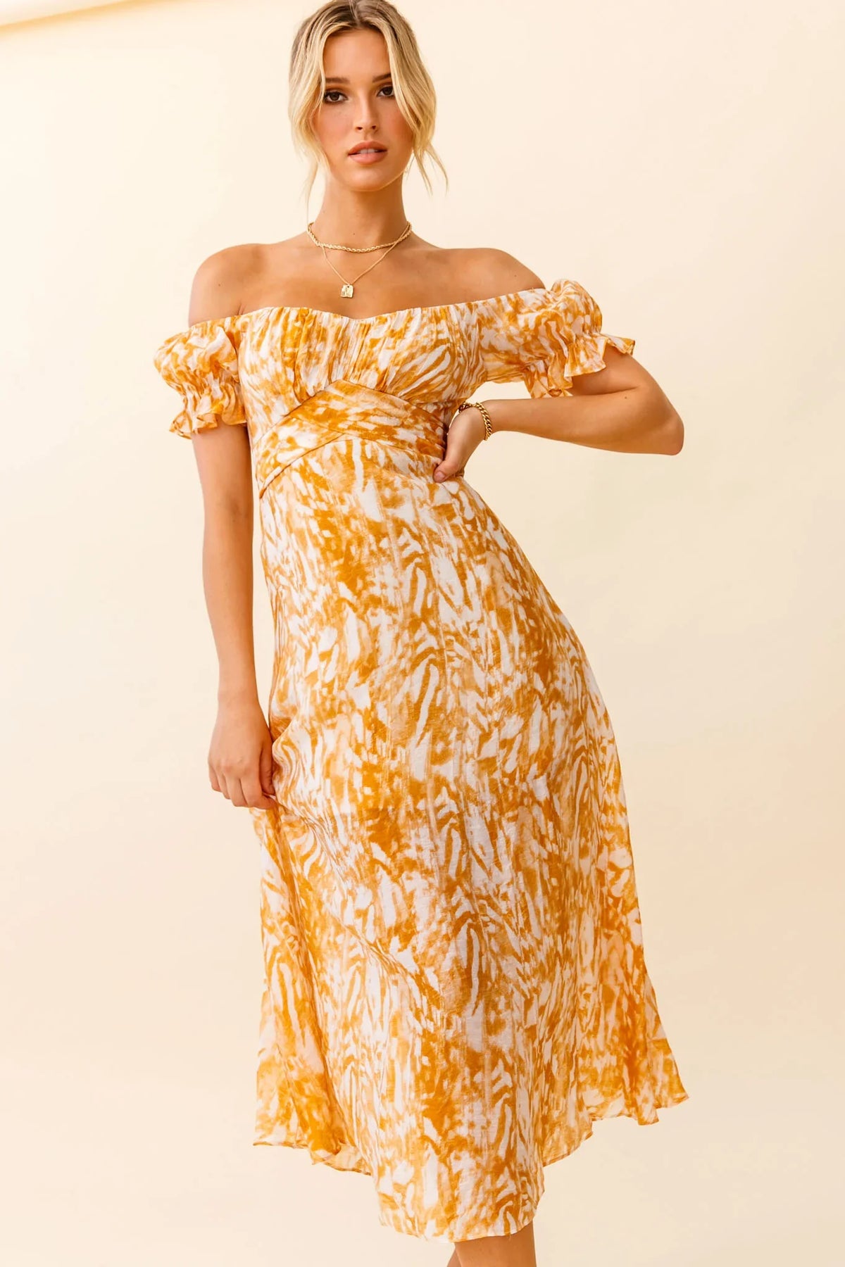 Linka Off-Shoulder Tie Back Midi Dress Printed Orange